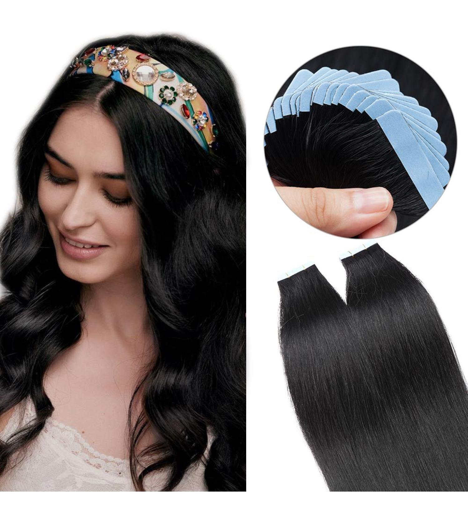 SEGO TAPE Extensions - 100% Remy Hair Adhesive Tape 24'' (61cm) - 20 Pieces + 10 Free Tapes Smooth Black #1 - Premium Quality Hair Extensions - Buy Online on GoSupps.com
