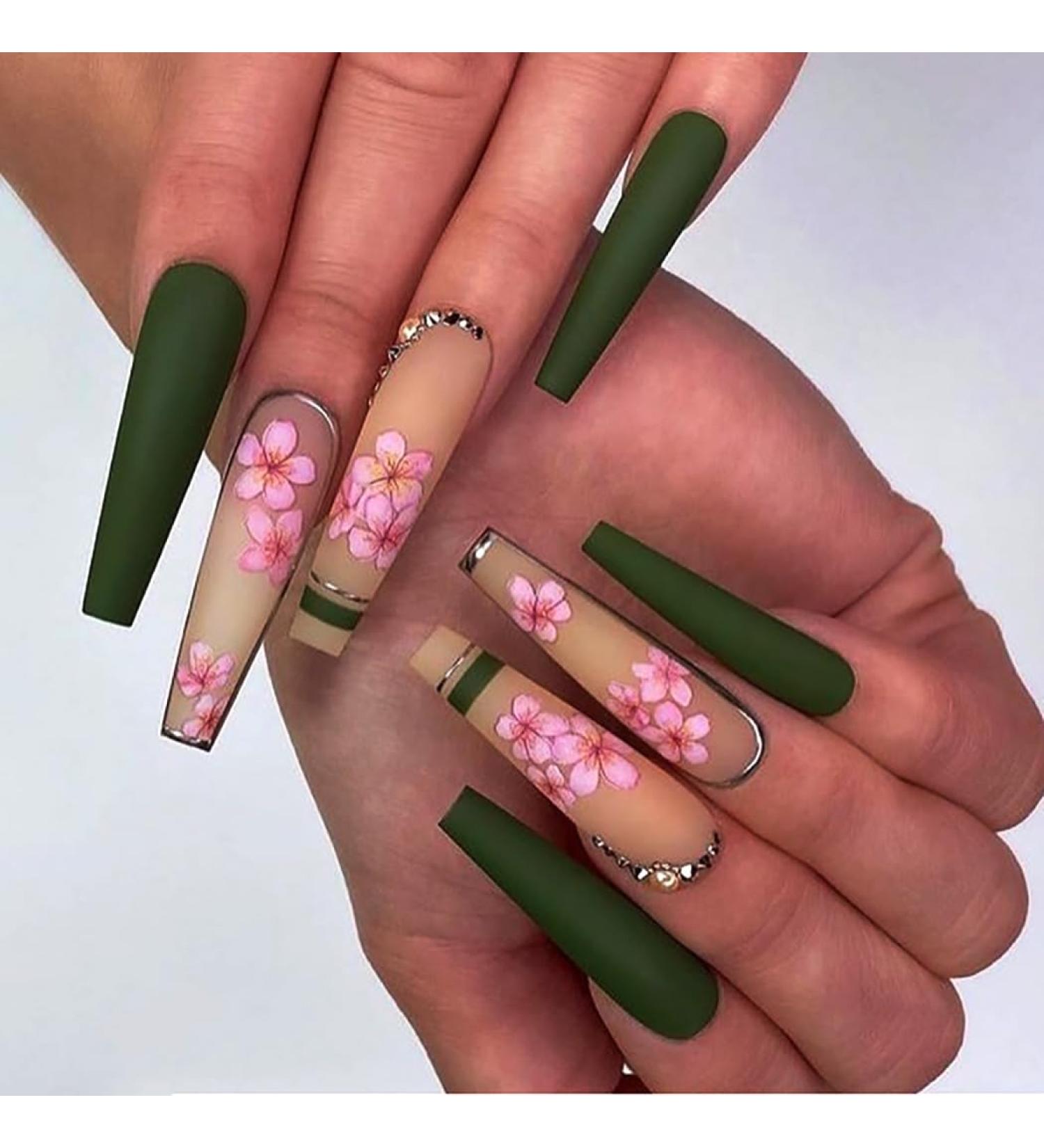 Brishow Long Green Press-On Nails with Flowers - 24pcs Ballerina Acrylic Falsche Nails for Women & Girls - Buy Online on GoSupps.com