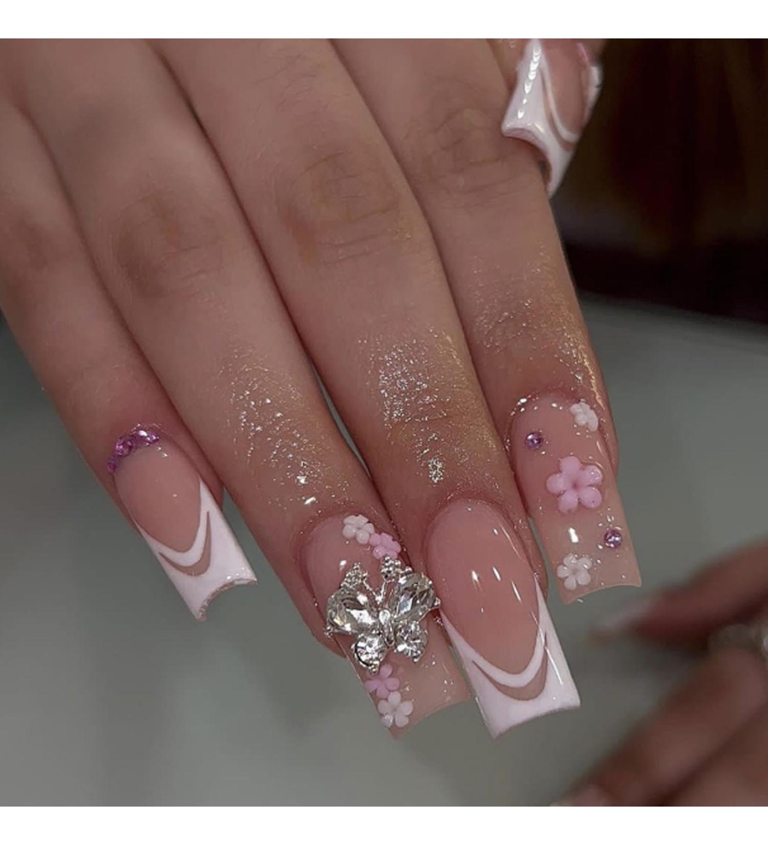 French Fake Flower Nails - Square Full Cover Butterfly Acrylic Nails - 24PCS Shiny False Nails for Women and Girls | International Shipping - Buy Online on GoSupps.com