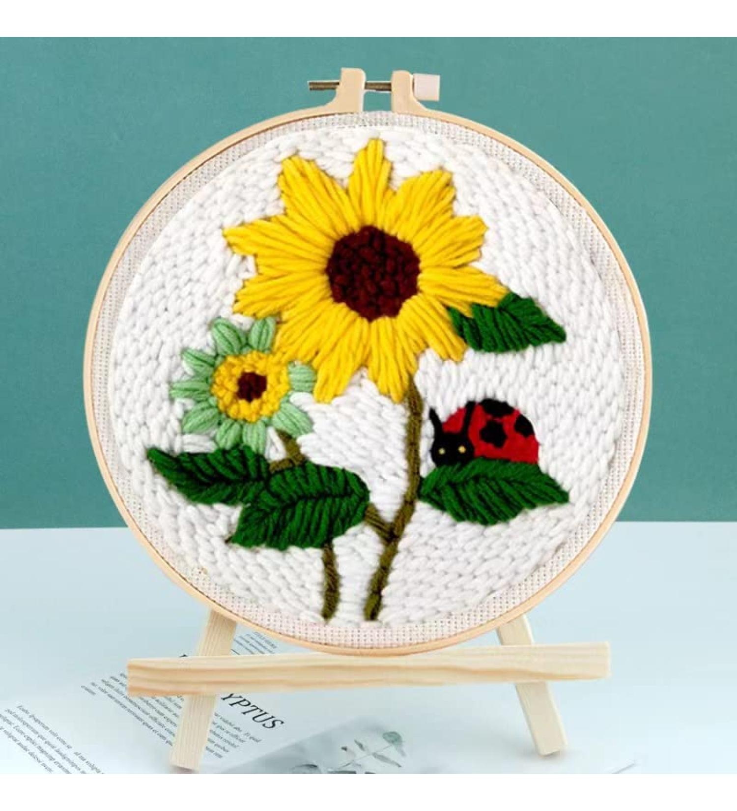 Sunflower and Ladybug Punch Needle Embroidery Kit with Color Pattern, Yarn, Pen Hoop - DIY Rug Hooking Starter Set - Buy Online on GoSupps.com