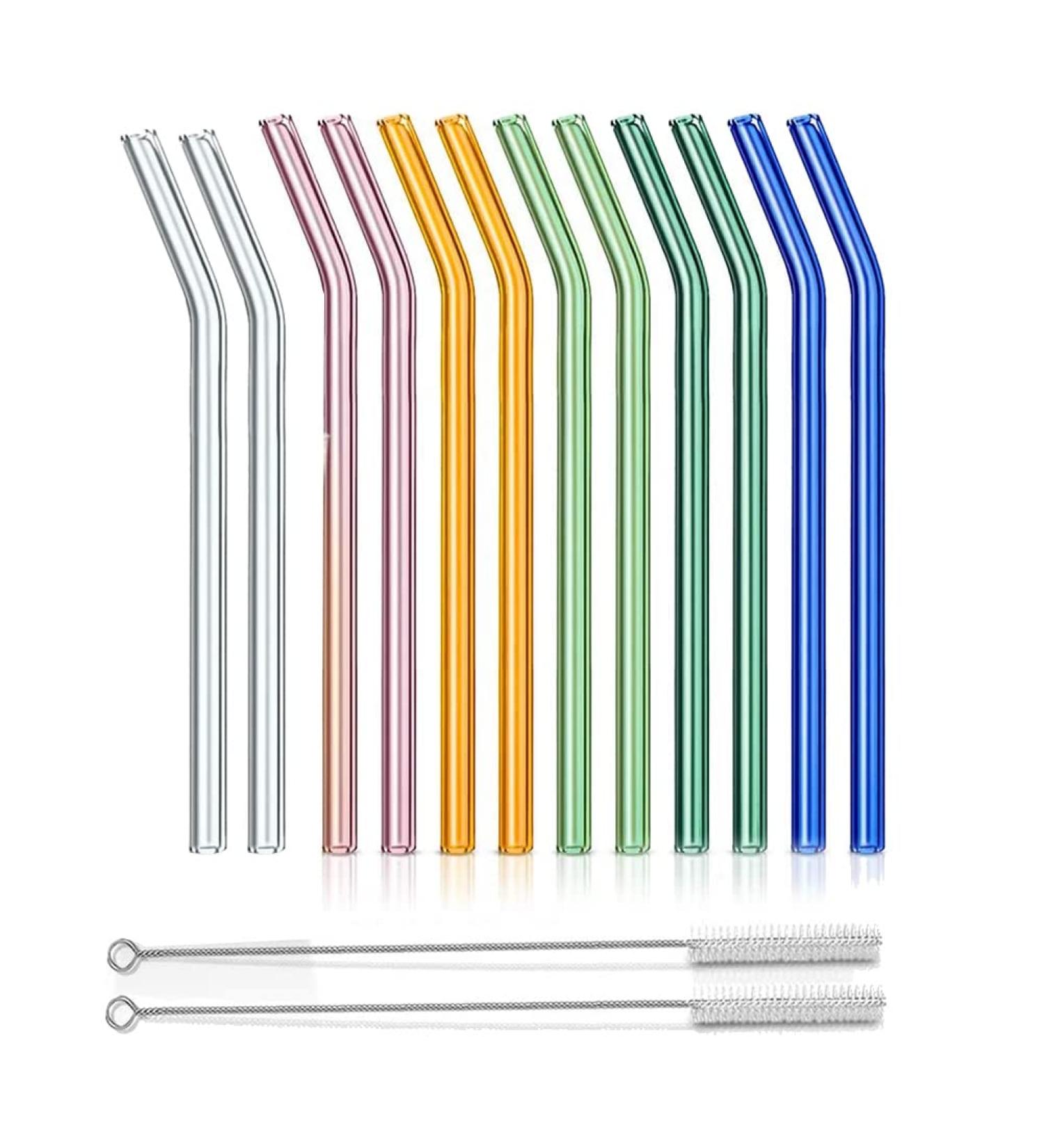 Pzhoais Reusable Glass Straws Bent Glass Drinking Straws with 2 Cleaning Brushes Straws for Smoothies (Multicolor 12 Pack) - Buy Online on GoSupps.com