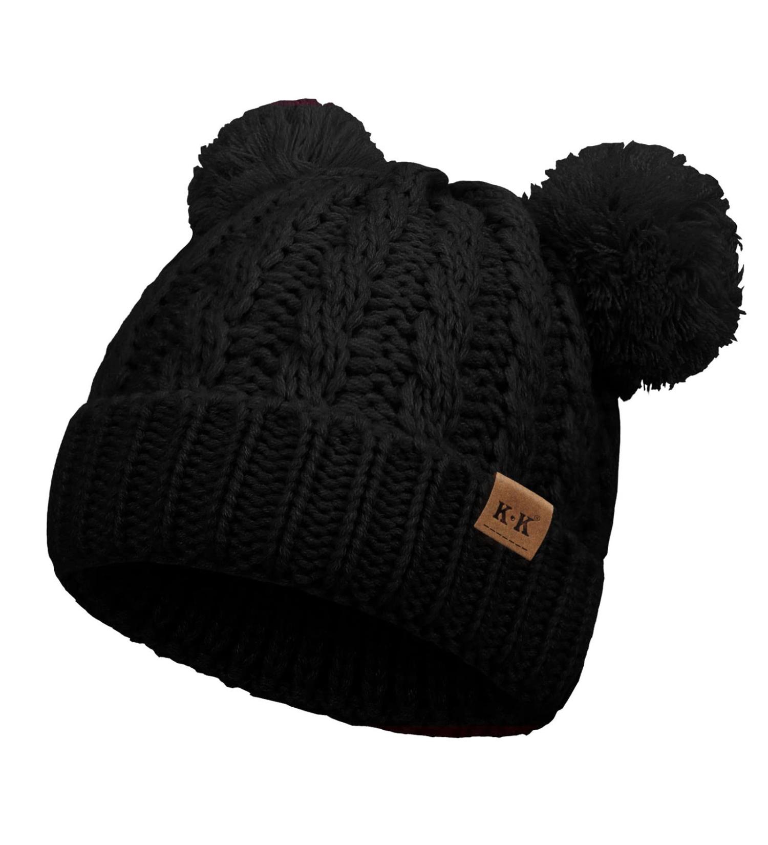 Baby Girls Double Pom Pom Bobble Hat - Toddler Winter Beanie for Kids 1-6Y, Black - Buy Online on GoSupps.com