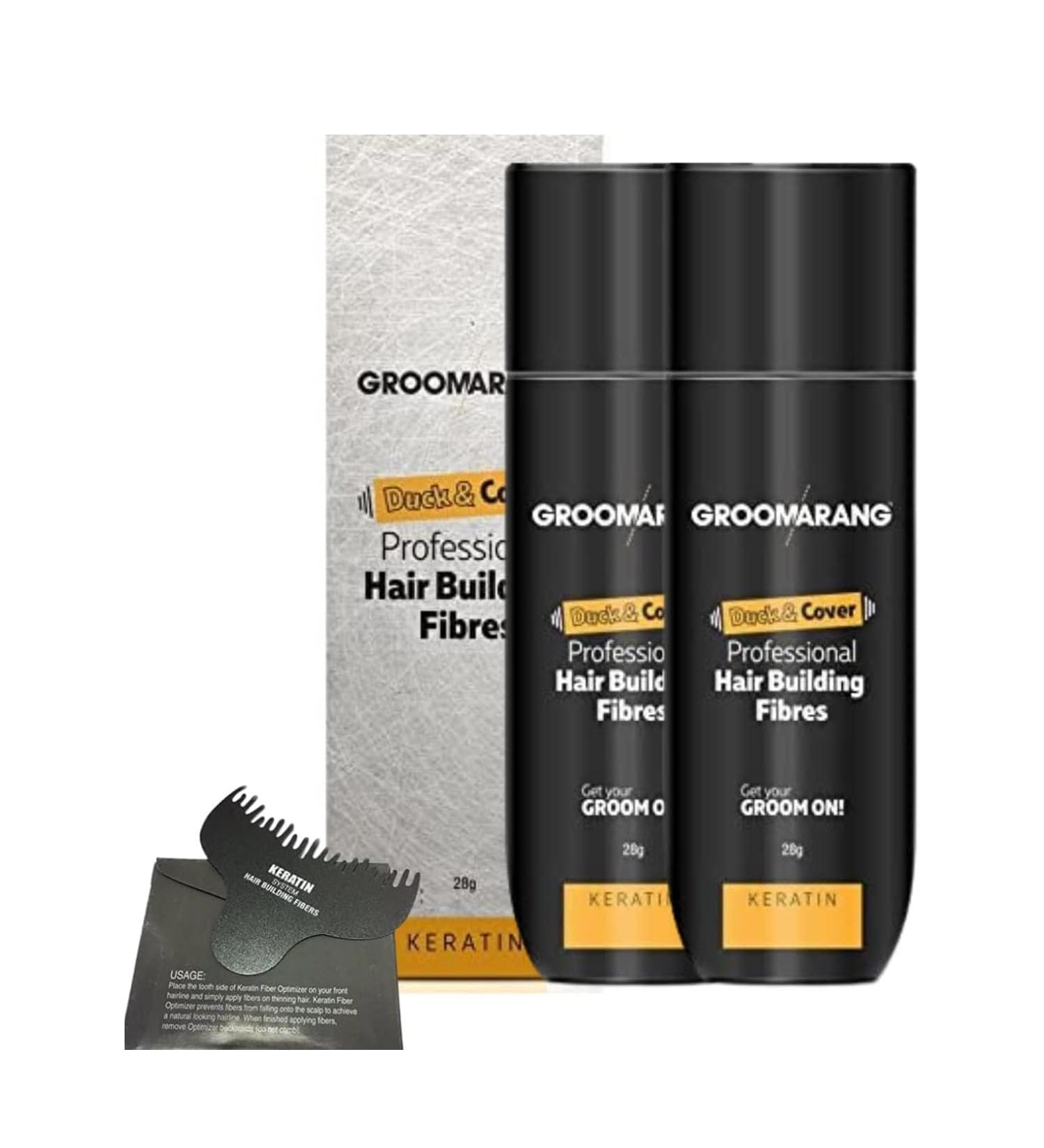Hair Fibres x2 GROOMARANG Keratin Hair Building Fibres for Thinning Hair - Instantly Conceals Thinning Areas for Fuller Thicker Hair - For Men & Women 28g PLUS Hairline Optimiser (Black)