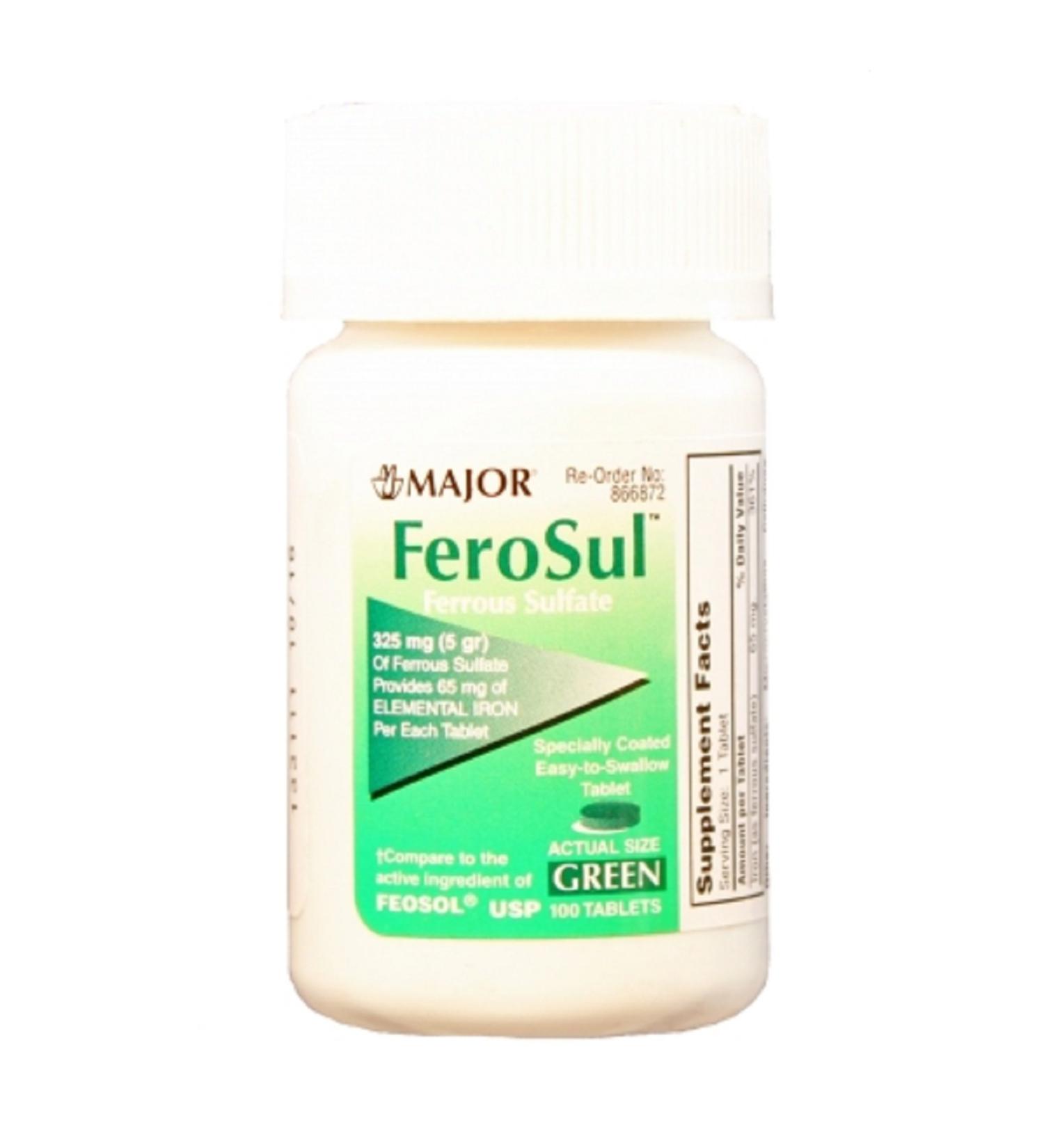 MAJOR FEROSUL 5GR FC GREEN TABS FERROUS SULFATE-325 MG Green 100 TABLETS UPC 309047591602