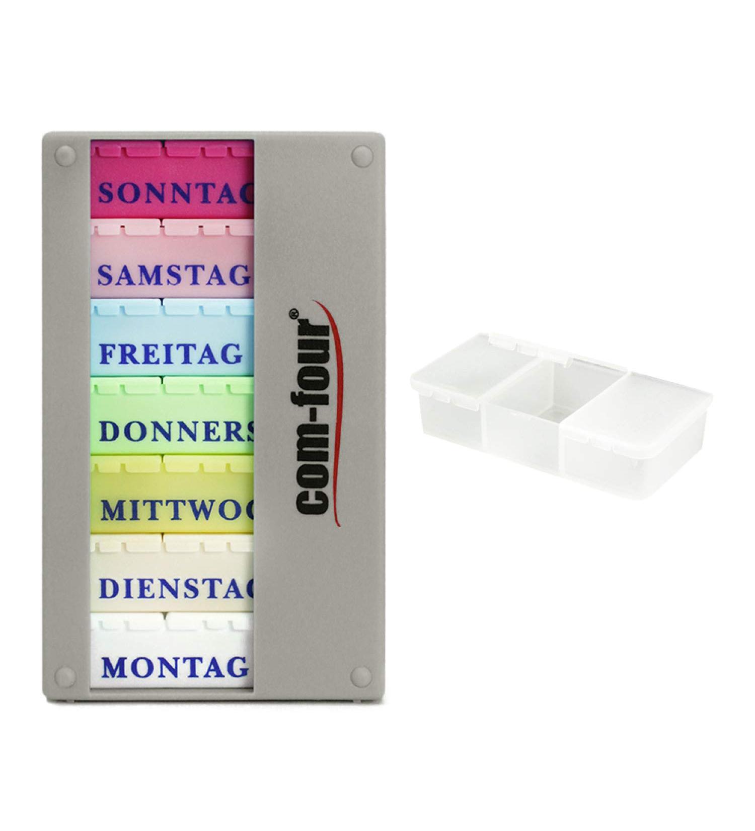 Com-Four 7-Day Drug Doser - Weekly Pill Organizer Box (Silver & Black) with Accessories - Perfect for Morning Lunch & Evening Medication | Optimal Tablet Dose Management - Buy Online on GoSupps.com