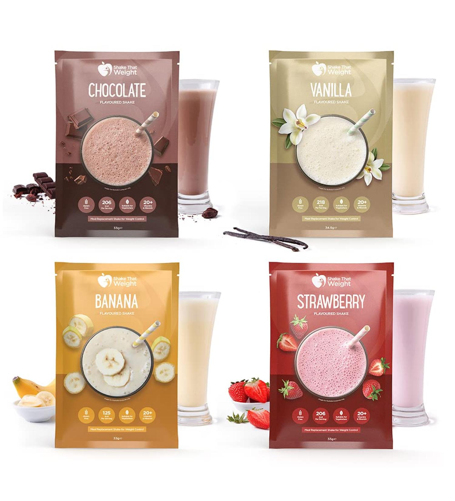 Shake That Weight Meal Replacement Shakes Variety Pack - Chocolate, Vanilla, Strawberry, Banana - 2 Weeks Supply (1.45 Kg) - Diet Shakes for Weight Loss - 42 Count - Buy Online on GoSupps.com