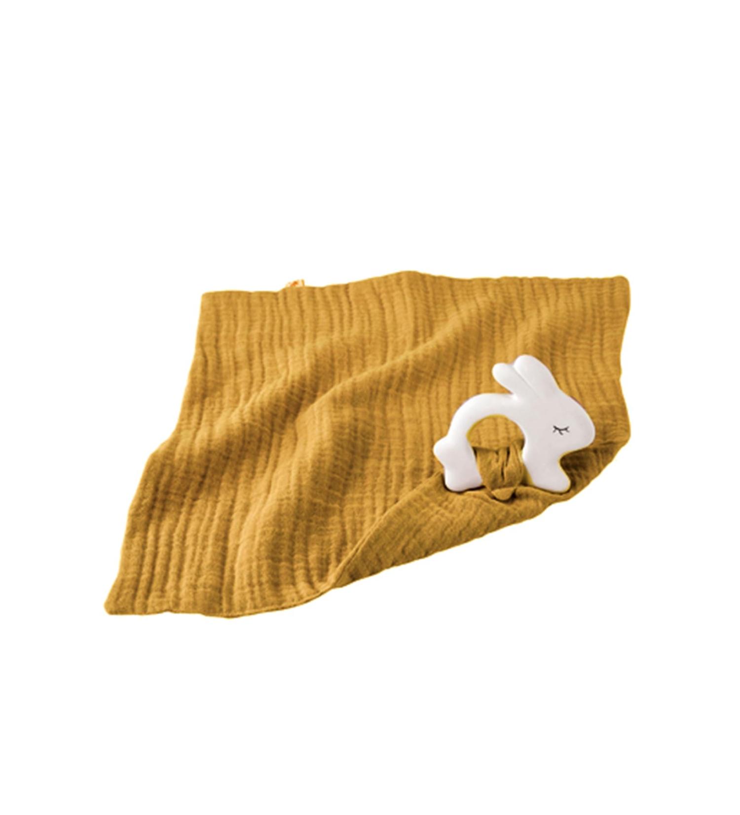 Kikadu Rubber Rabbit with Comfort Blanket - Mustard | 100% GOTS-Certified Organic Cotton Baby Toy | International Shipping Available - Buy Online on GoSupps.com