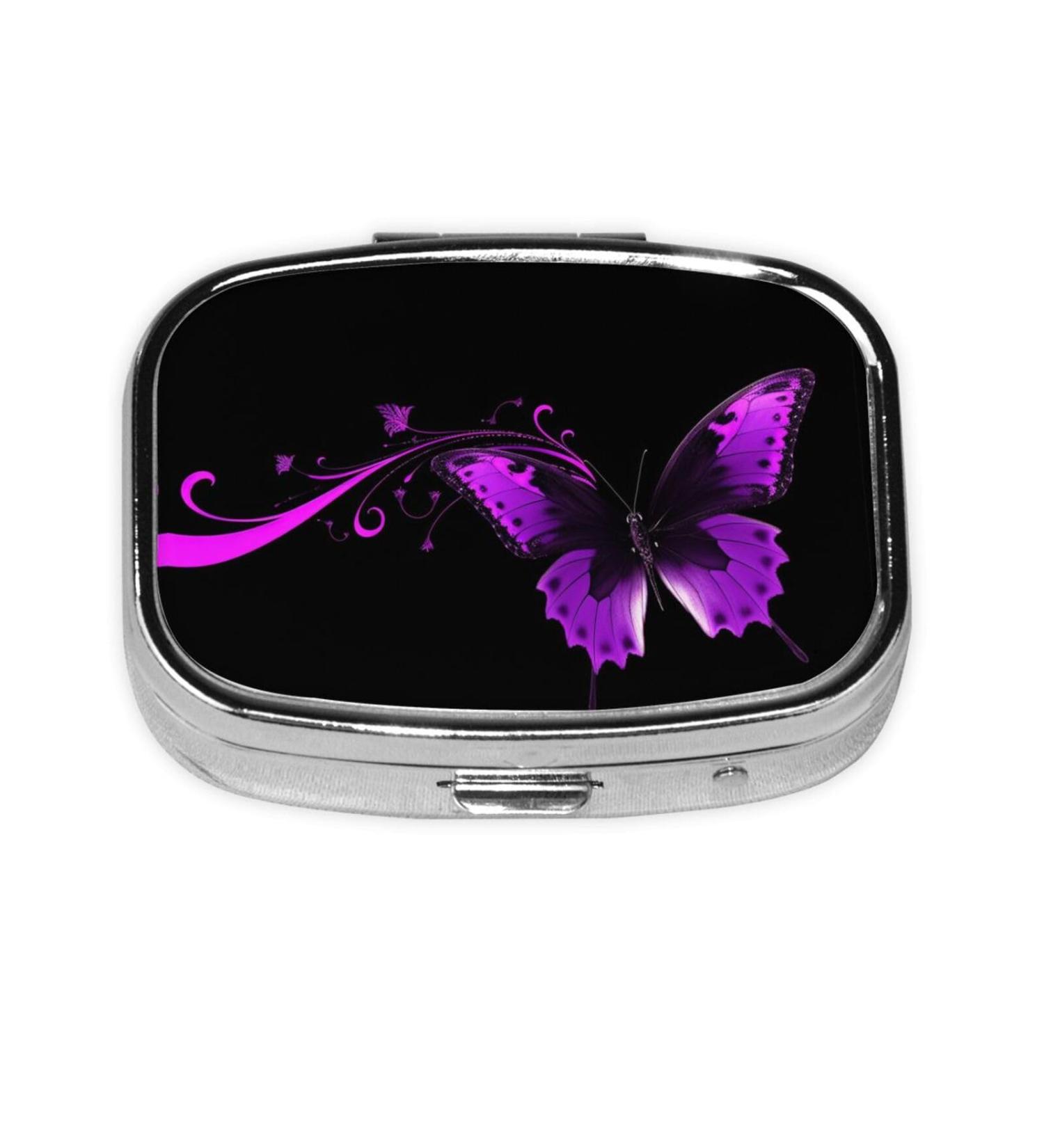 Purple & Black Butterfly Small Pill Case | Cute 2 Compartment Travel Pill Organizer for Pocket & Purse Gifts - Buy Online on GoSupps.com