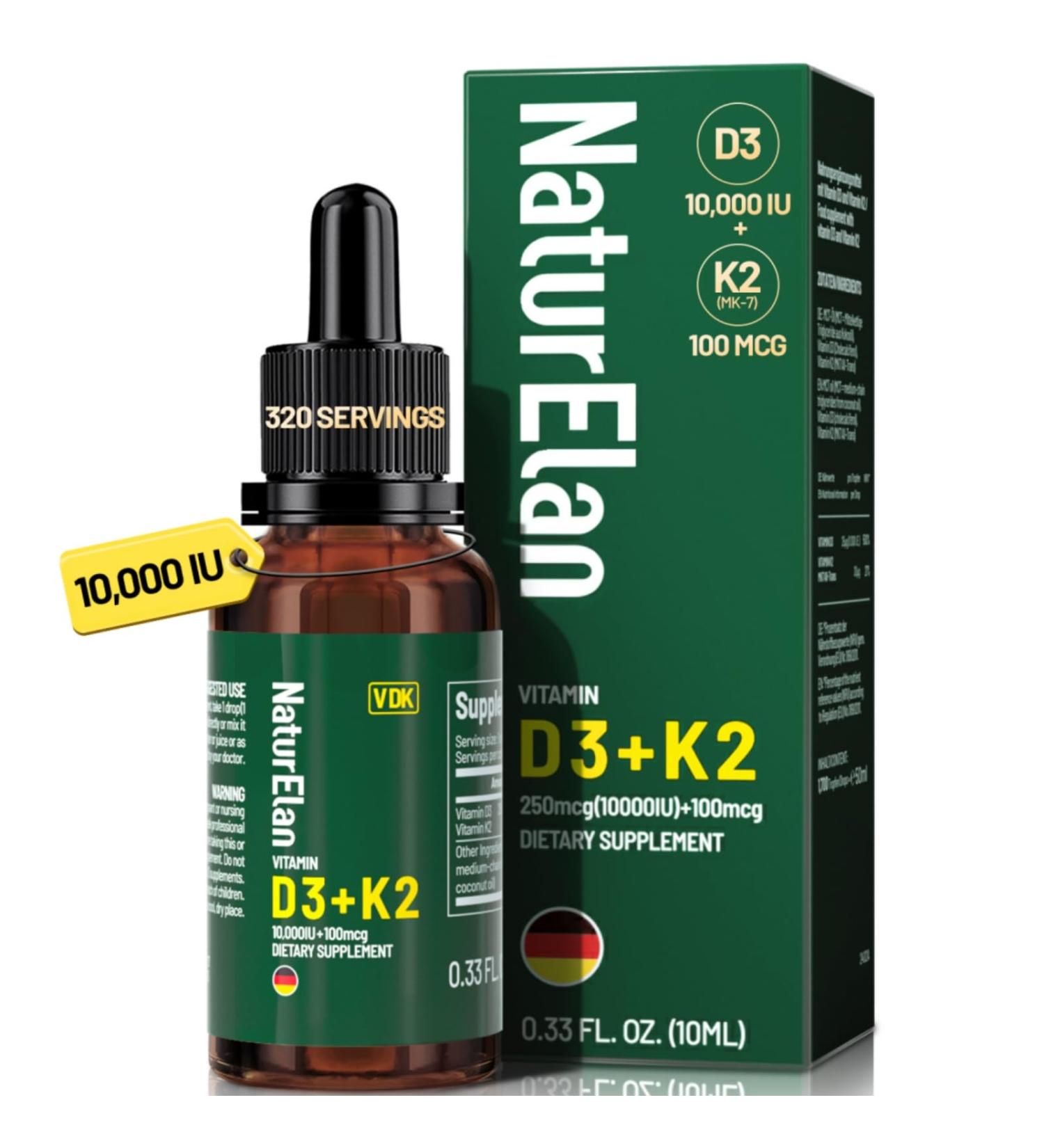 Organic Vitamin D3 K2 Drops with MCT Oil, 10,000 IU Vitamin D Liquid Drops + 100mcg K2(MK-7), 320 Servings, Supports Bone, Immune, Heart & Teeth Health, Third-Party Tested, Vegan, Non-GMO, Gluten Free 0.34 Fl Oz (Pack of 1) - Buy Online on GoSupps.com