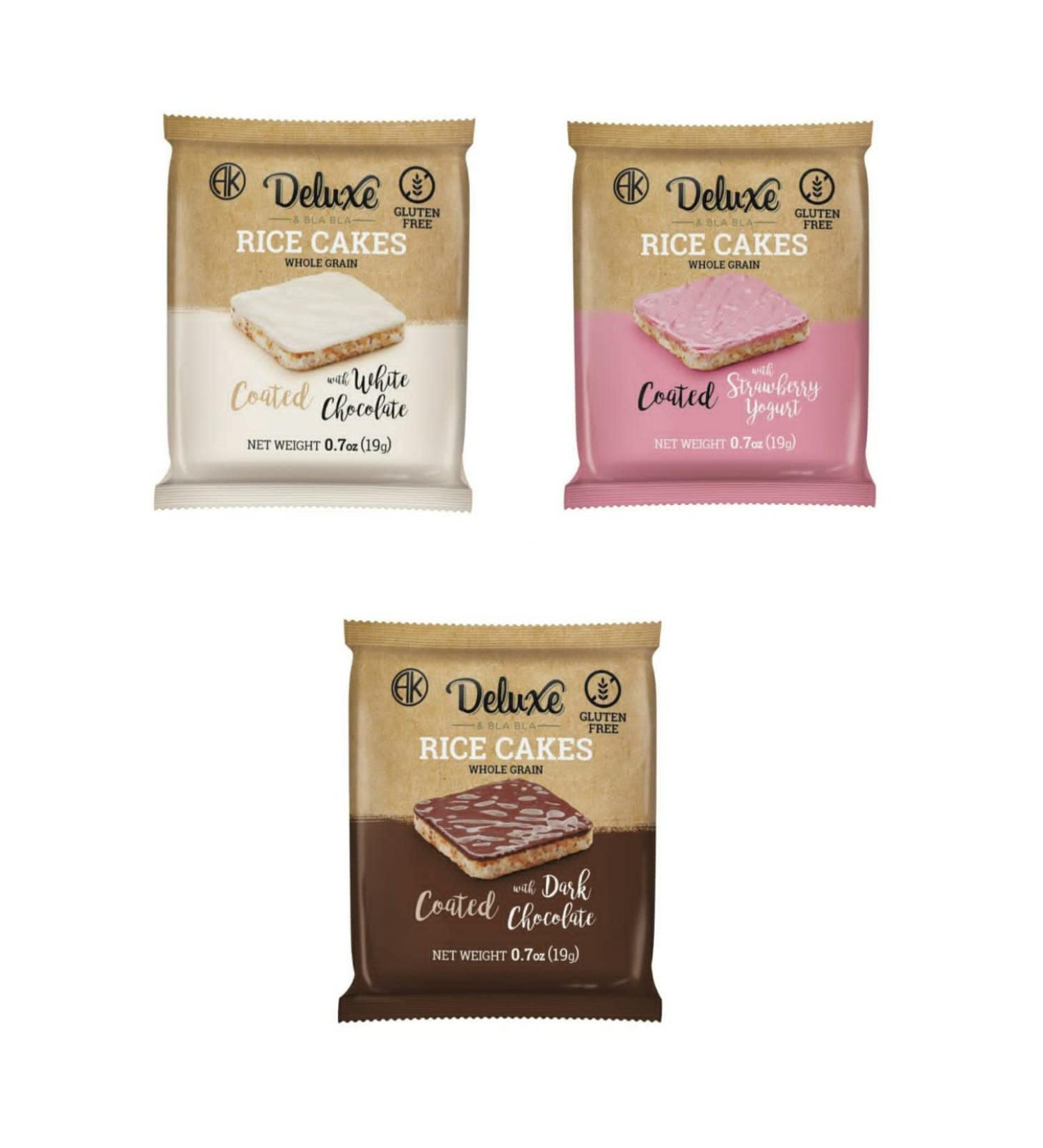 Deluxe 12 Pack Whole Grain Rice Cakes, Gluten Free & Low Calorie Snack - Kosher Certified with Natural Flavors - Chocolate, White Chocolate & Strawberry Mix - Buy Online on GoSupps.com