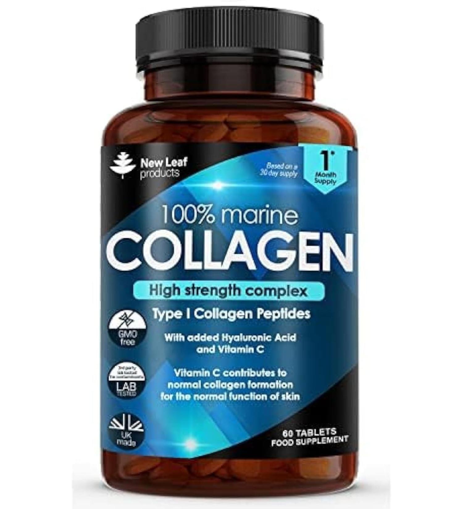 Pure Marine Collagen 1500mg - Type 1 Hydrolysed Peptides with Hyaluronic Acid & Vitamin C - High Strength Supplements for Women and Men - 60 Tablets - Buy Online on GoSupps.com