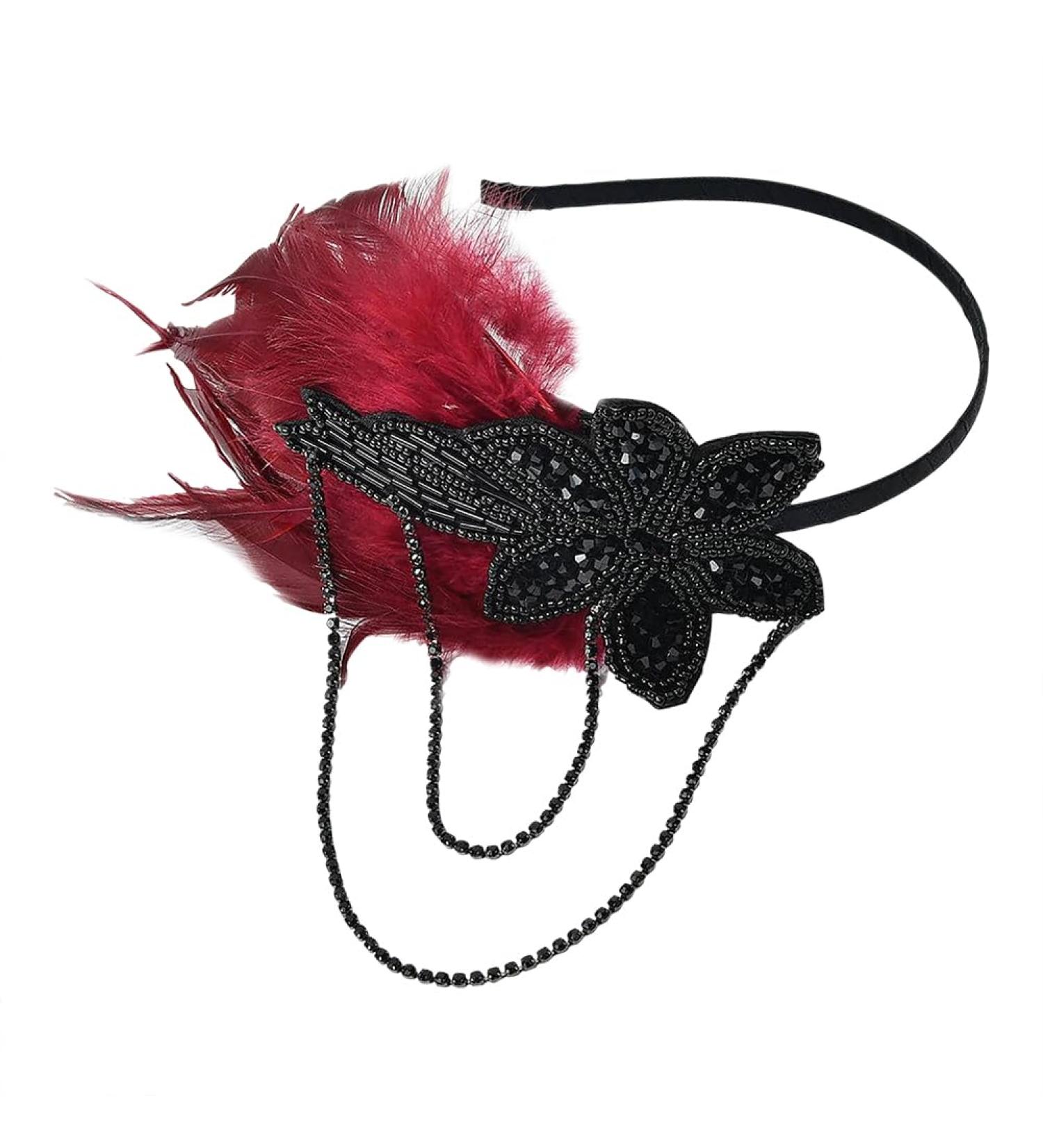 Feather Beaded Headband Vintage 1920s Headband Crystal Flapper Headpiece Great Gatsby Hair Accessories Roaring 20's Accessories Red - Buy Online on GoSupps.com