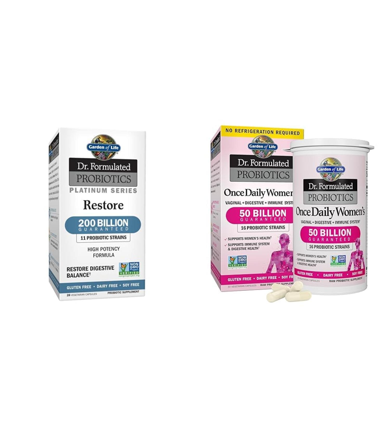 Garden of Life Dr. Formulated Probiotics Platinum Series Restore 200 Billion & Dr. Formulated Women's Probiotics Once Daily 16 Strains 50 Billion 30 Capsules - Buy Online on GoSupps.com