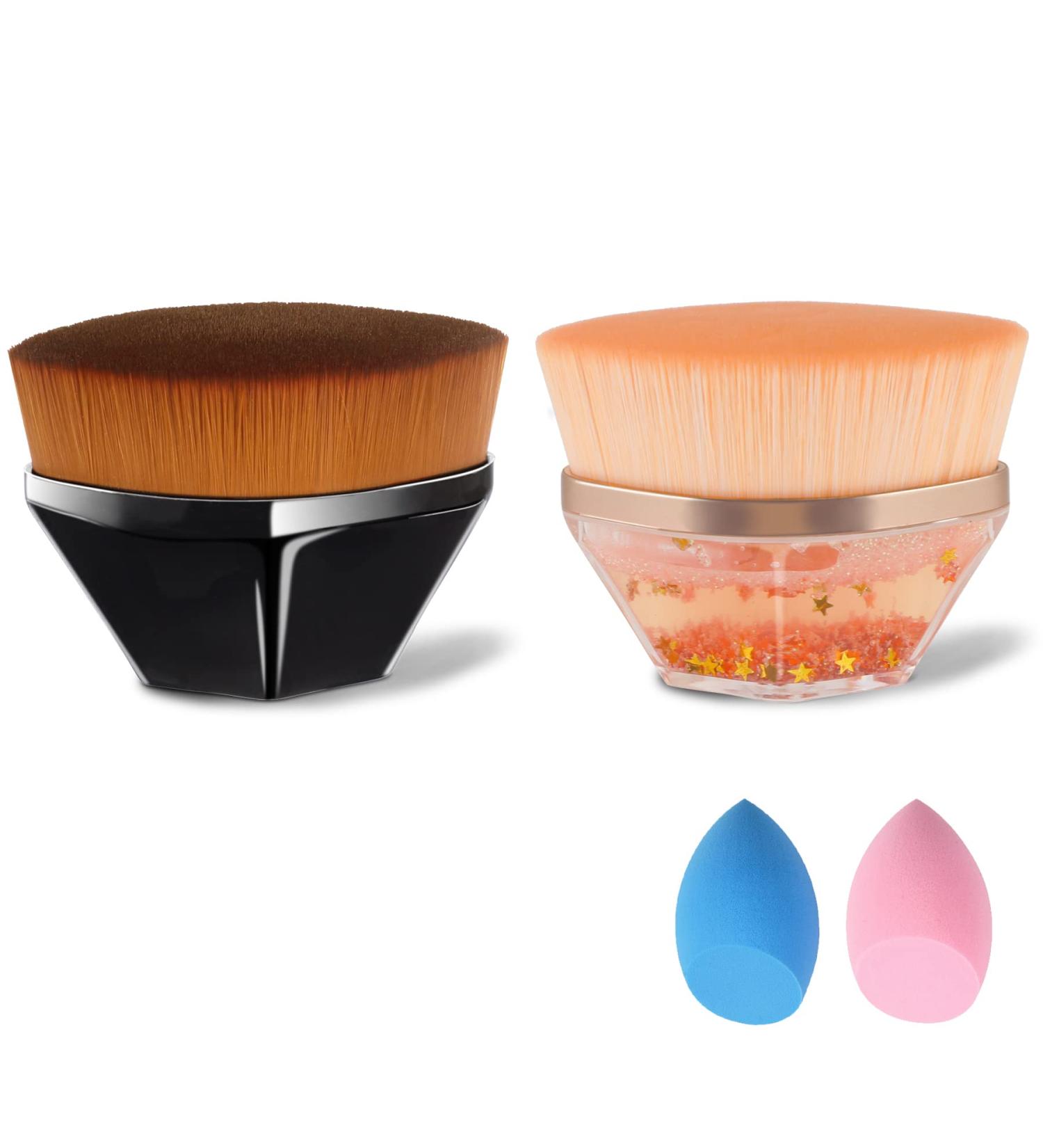 2 Pack Flat Top Kabuki Foundation Brush Set with Makeup Sponges - Pink Gold and Black - Buy Online on GoSupps.com
