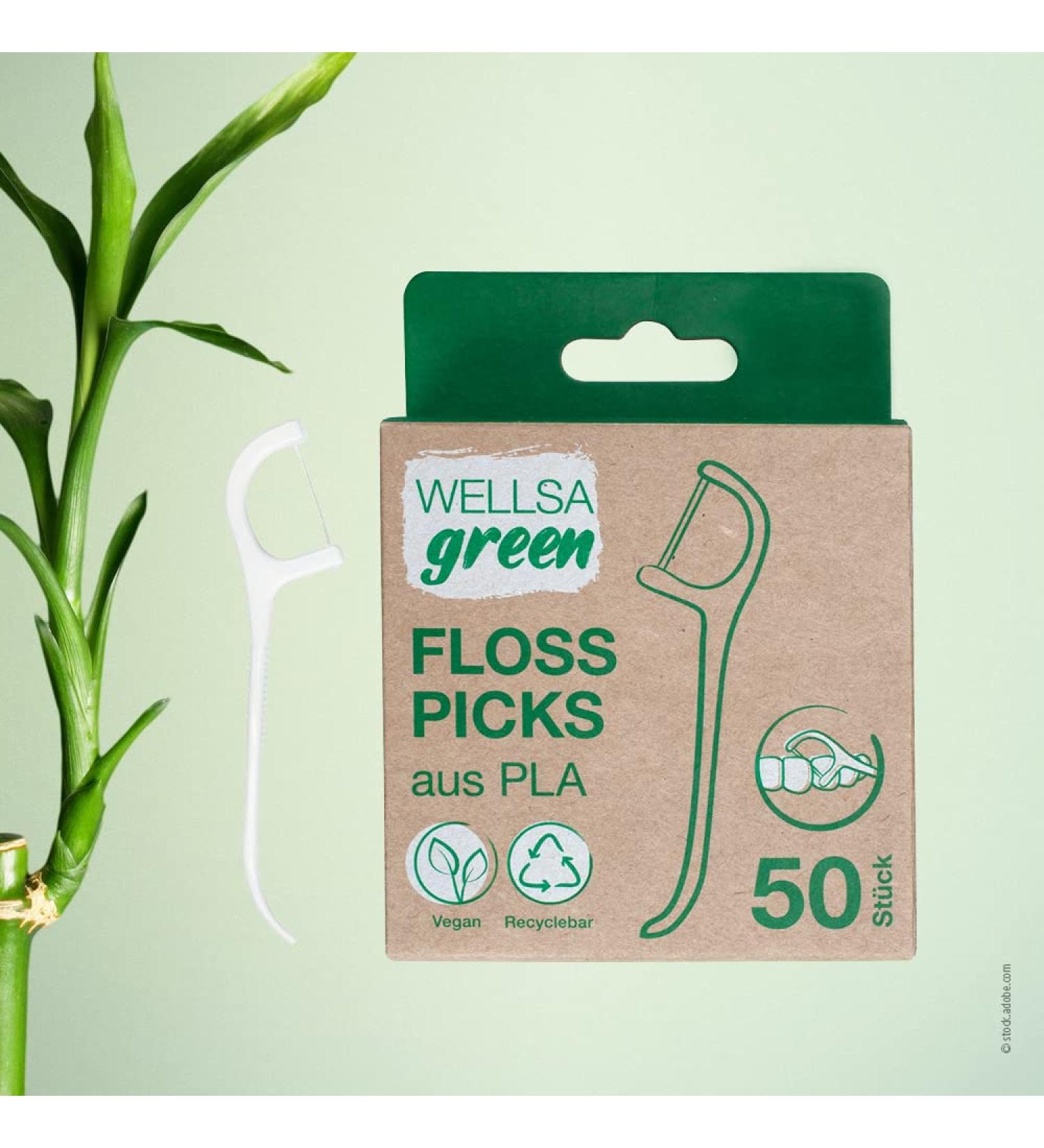 Buy Wellsamed Wellsagreen 50 Organic Floss Picks - Sustainable Dental Floss Sticks Made of PLA for Eco-Friendly Oral Care - Buy Online on GoSupps.com