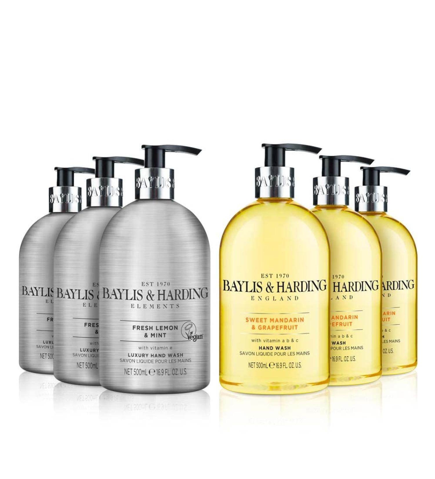 Baylis & Harding Hand Wash Bundle - 6 Bottles of Elements Lemon & Mint and Sweet Mandarin & Grapefruit Hand Wash (3 x 500ml) - Vegan Friendly - Buy Online on GoSupps.com