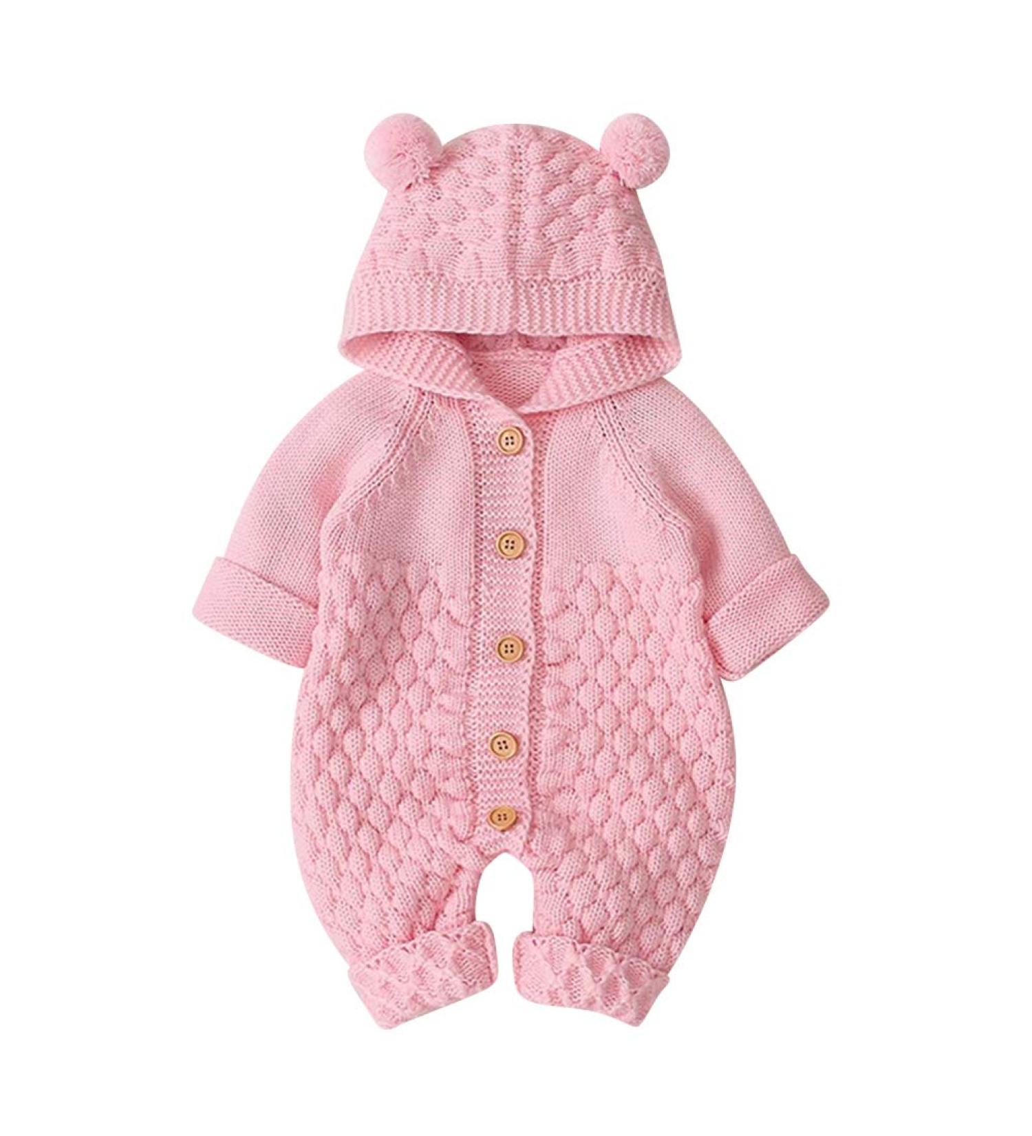 Knitted Hooded Romper Onesie | Baby Boy Girl Clothes | Long Sleeve Jumpsuit | 6-12 Months | Pink Hairball Detail - Buy Online on GoSupps.com