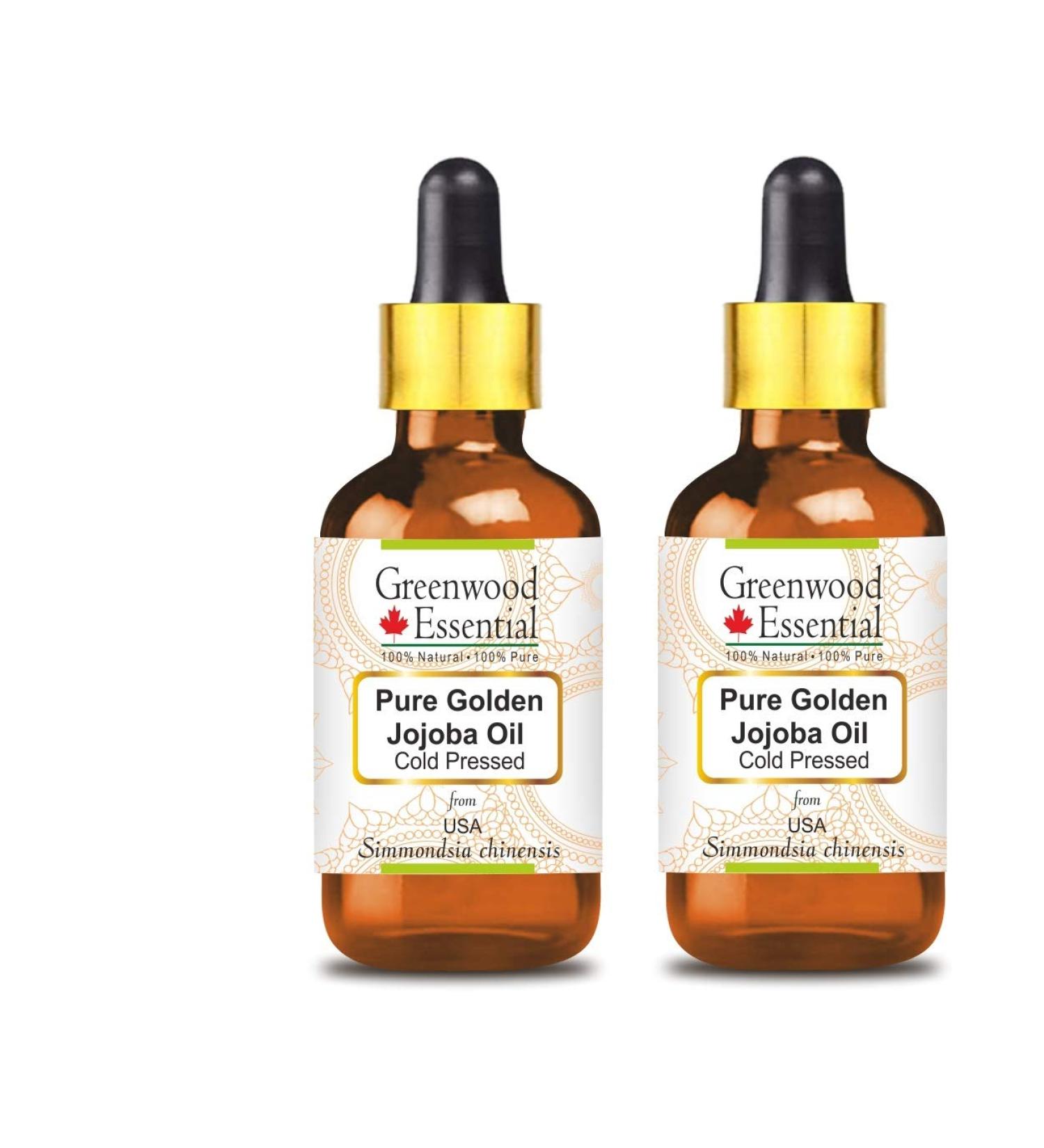 Greenwood Essential Golden Jojoba Oil - Therapeutic Quality Cold-Pressed | Pack of 2 x 100ml (6.76 oz) | Natural & Pure Simmondsia Chinensis for Skincare - Buy Online on GoSupps.com