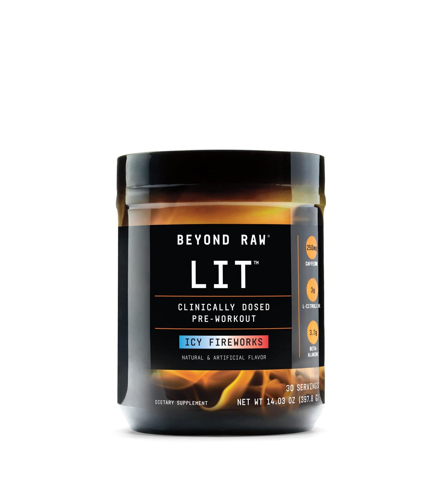 BEYOND RAW LIT Pre-Workout Powder | Caffeine, L-Citrulline, Beta-Alanine, Nitric Oxide | Icy Fireworks | 30 Servings | 14.01 Ounce Pack - Buy Online on GoSupps.com