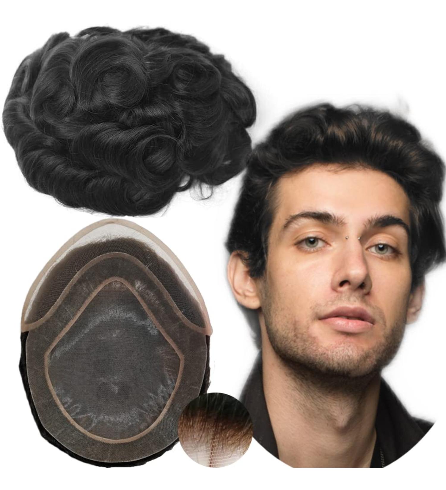 Real Hair Toupet for Men - Yanahair Wavy Thin French Tip Bleached Knot Poly Wig - European Skin Hair System 10x8 #1B Natural Black - Buy Online on GoSupps.com