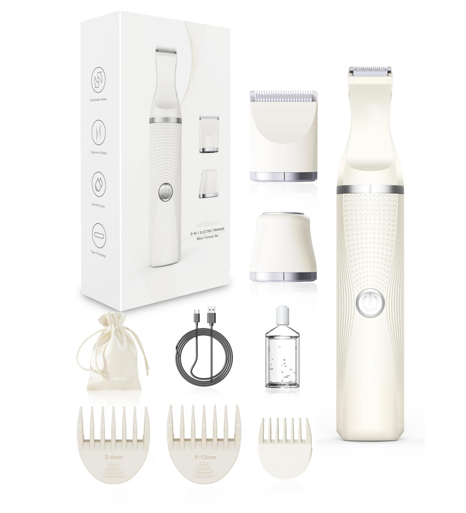 Unibono Rechargeable Bikini Trimmer for Women - Wet/Dry Electric Razor for Pubic Hair, Cordless Lady Shaver Kit for Arms, Legs, Armpits - USB-C Charge, Storage Bag Included (Beige) - Buy Online on GoSupps.com