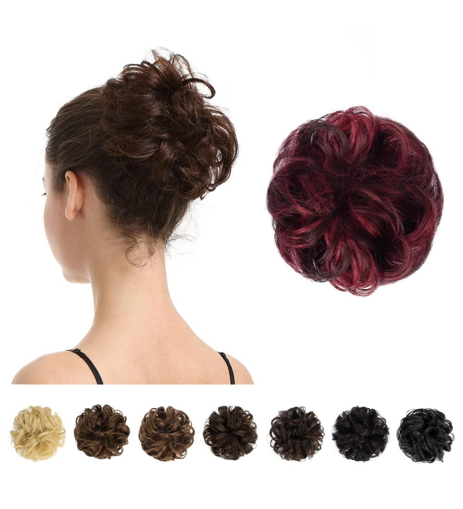 BARSDAR 100% Real Hair Hair Tie Extensions Curled Messy Bun Styles for Women & Girls Natural Black & Burgundy #1B/99J 27g | Shop Now! - Buy Online on GoSupps.com