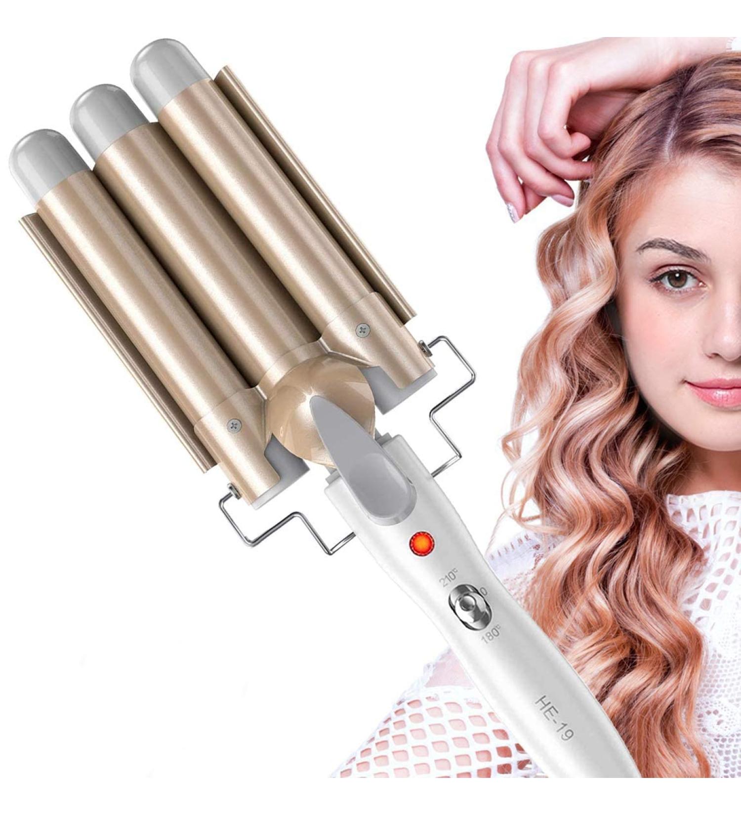 3 Barrel Hair Curler 25mm - Adjustable Temperature Hair Waver Curling Iron for Long or Short Hair Styling - Large Wave Ceramic Crimpers - Gold - Buy Online on GoSupps.com