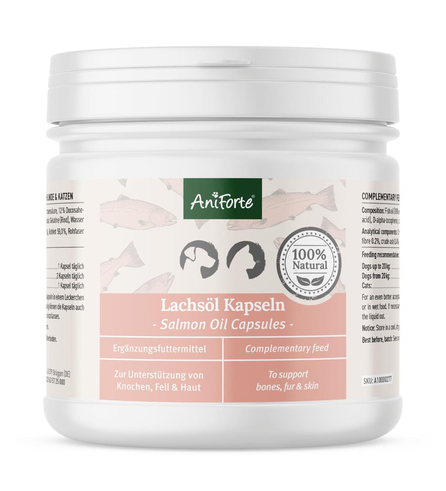 Aniforte Salmon Oil Capsules for Dogs & Cats - 500 Omega-3 Fish Oil & Vitamins for Healthy Metabolism Strong Bones & Shiny Fur - Buy Online on GoSupps.com