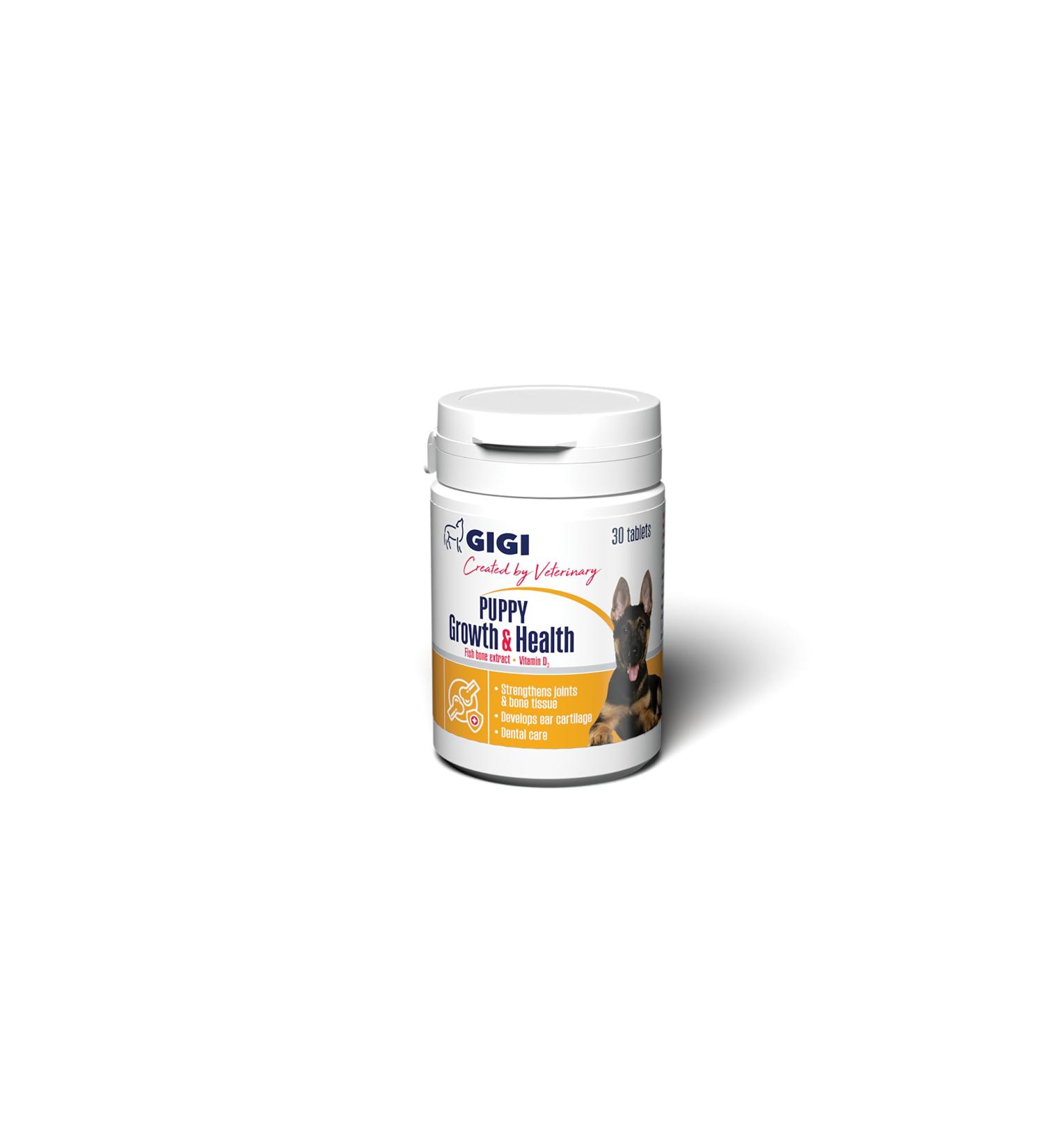 GIGI VET Natural Calcium-Rich Vitamins for Puppy Growth and Health to Strengthen Joints Bone Tissue Dog Vitamins and Supplements for Healthy Fast-Growing Active Dogs (30 Tablets)