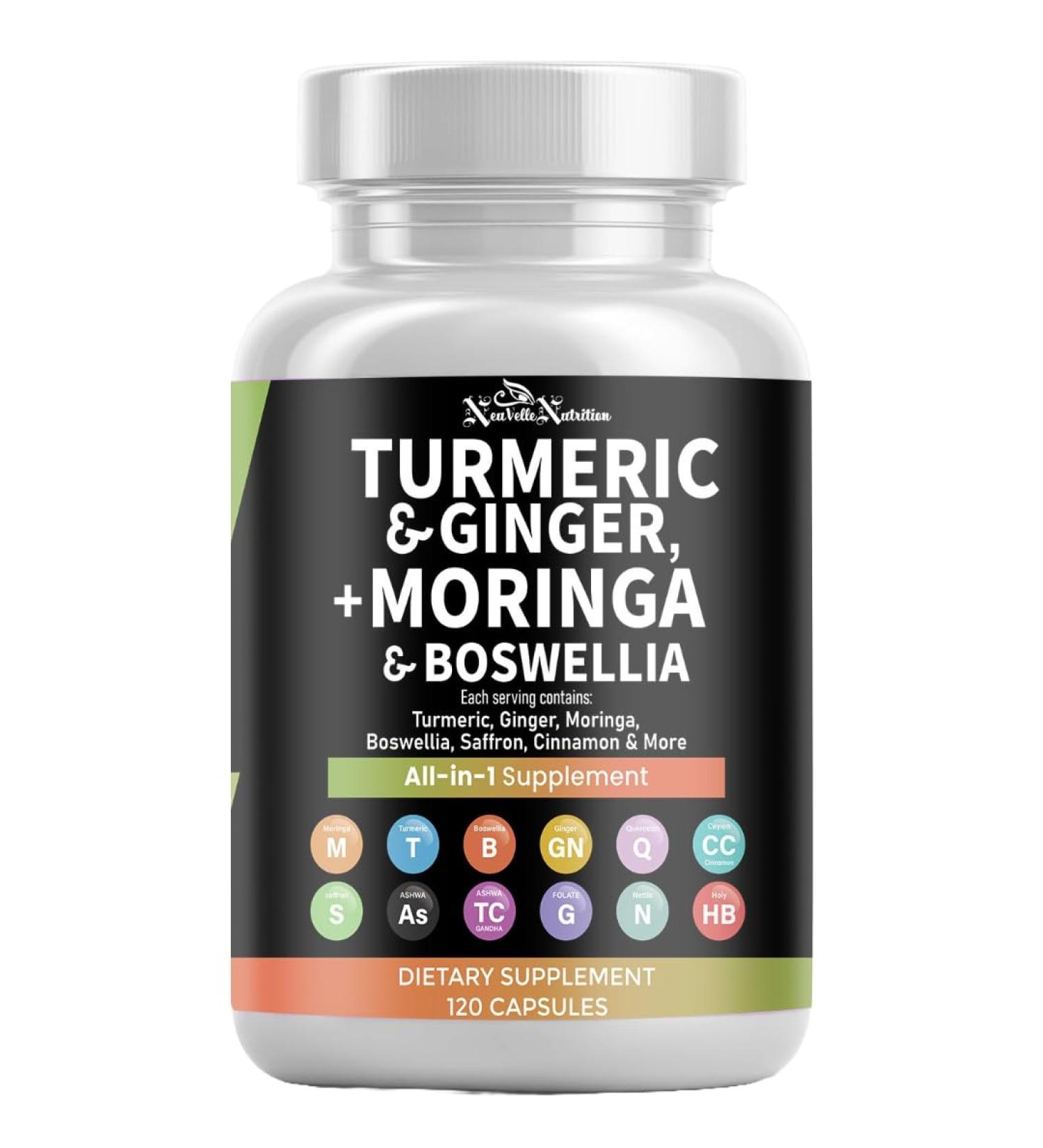 Moringa Pills with Turmeric, Boswellia, Ginger, Ashwagandha, Quercetin, Cinnamon, Tart Cherry, Garlic, Nettle & Holy Basil Herbal Extract Supplement Plant-Based 120 Capsules - Buy Online on GoSupps.com