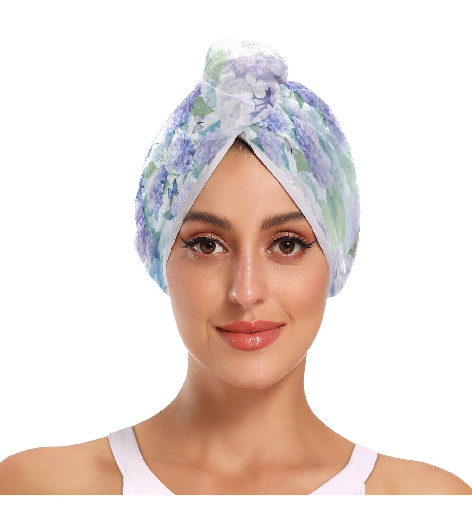 Hydrangeas Butterfly Hair Towel 2 Pack | Super Absorbent Quick Dry Turbans for Women & Girls - Buy Online on GoSupps.com