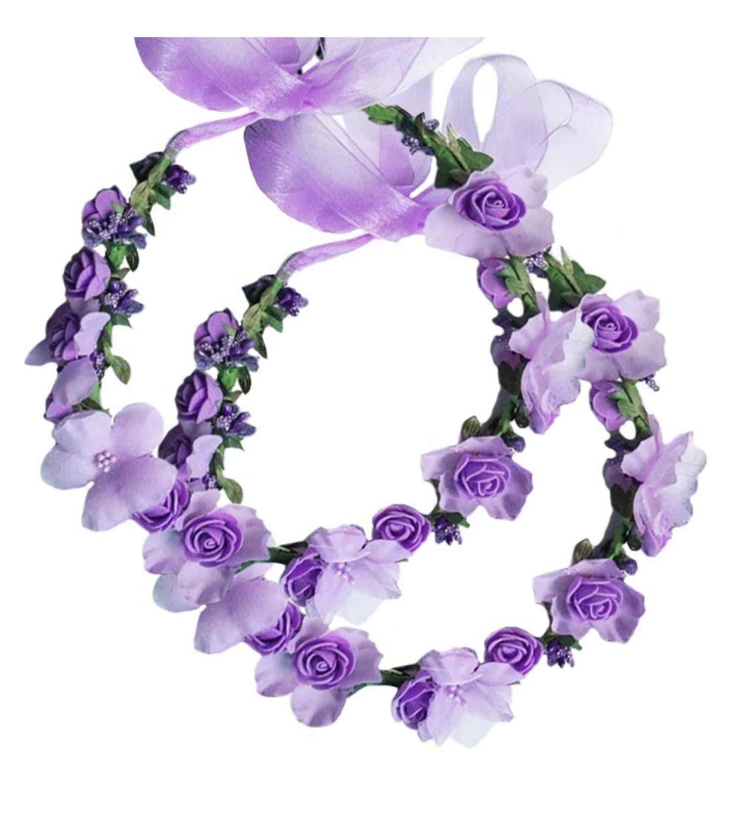 Flower Crown Headband Wreath Garland Hair Bands 2 Pack - Purple Tone | Wedding Bridal Hair Hoop Women Leaf Ribbon Party Decoration Christmas Handmade Headpiece Hair Accessories - Buy Online on GoSupps.com