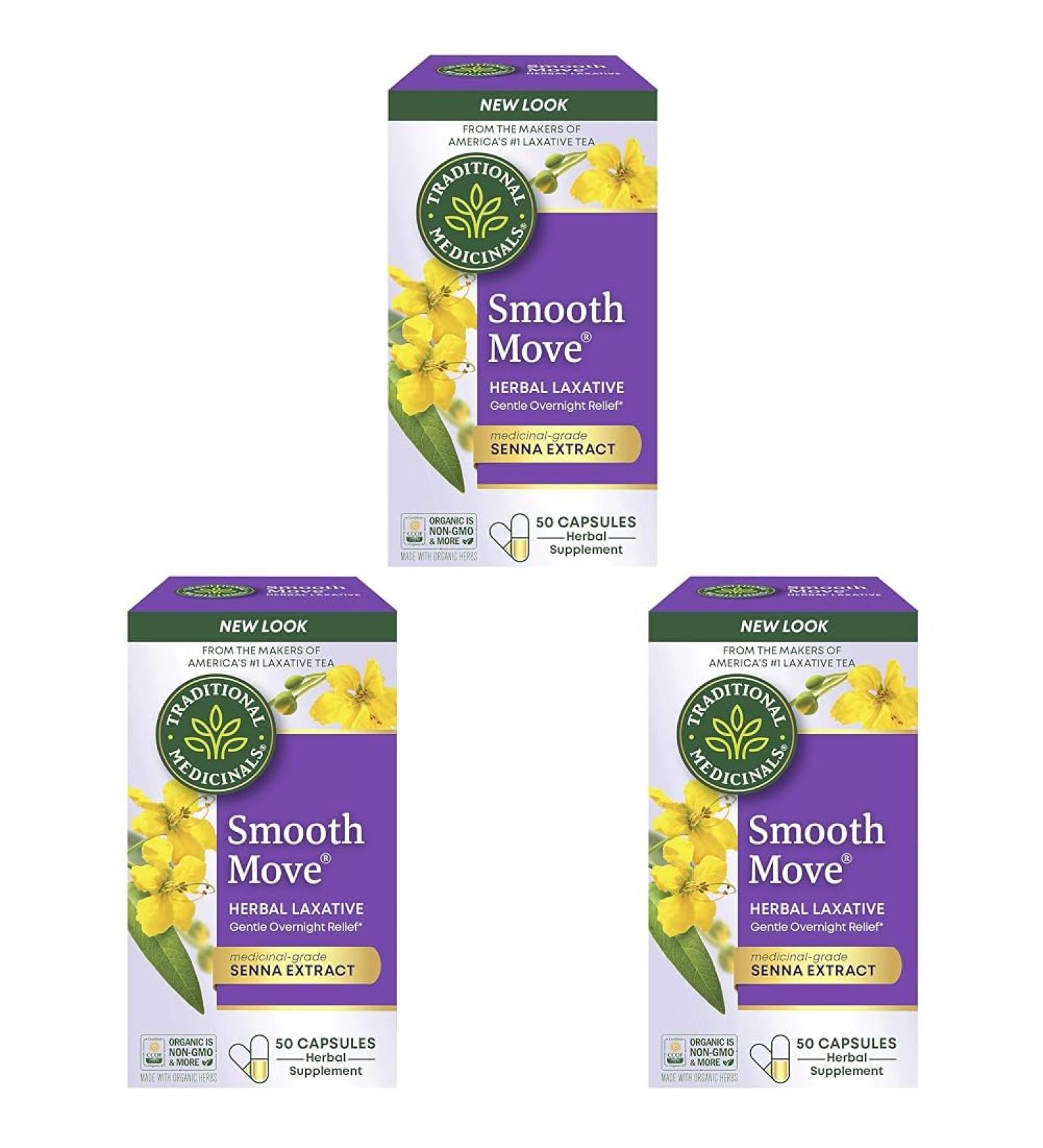 Traditional Medicinals - Smooth Move Laxative Capsules - Contains Organic Senna - Natural Herbal Constipation Relief - 50 Capsules (3 Pack) Smooth Move Capsules 50 Ounce (Pack of 3) - Buy Online on GoSupps.com