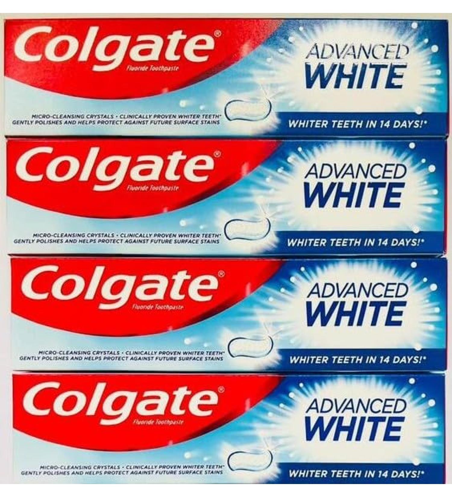 Swiss 4 Pack Bundle Colgate Advanced White Fluoride Toothpaste 100ml x 4 Whiter teeth in 14 days MicroCleansing Crystals Clinically proven Protects against surface stains