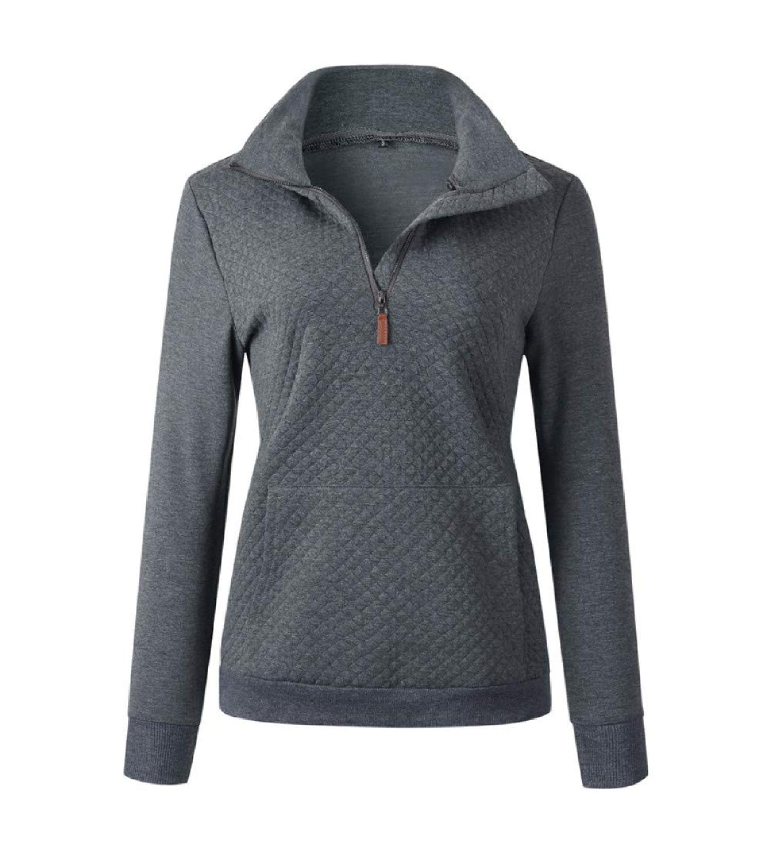 Bigfanshu Women's Pockets Zipper Half Open Tops Slim Turn Down Collar Casual Sweatshirts Lattice Female Hoodies Blue