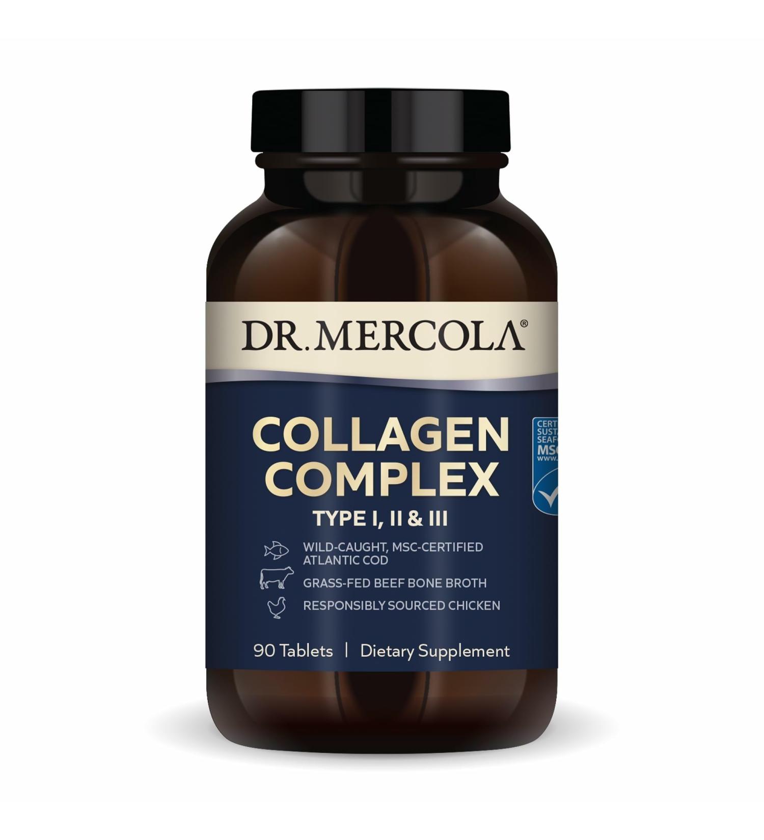 Dr. Mercola Collagen Complex - Supports Skin & Connective Tissue - Types I, II & III Collagen - Non-GMO, Gluten-Free & Soy-Free - 90 Tablets (30 Servings) - Buy Online on GoSupps.com