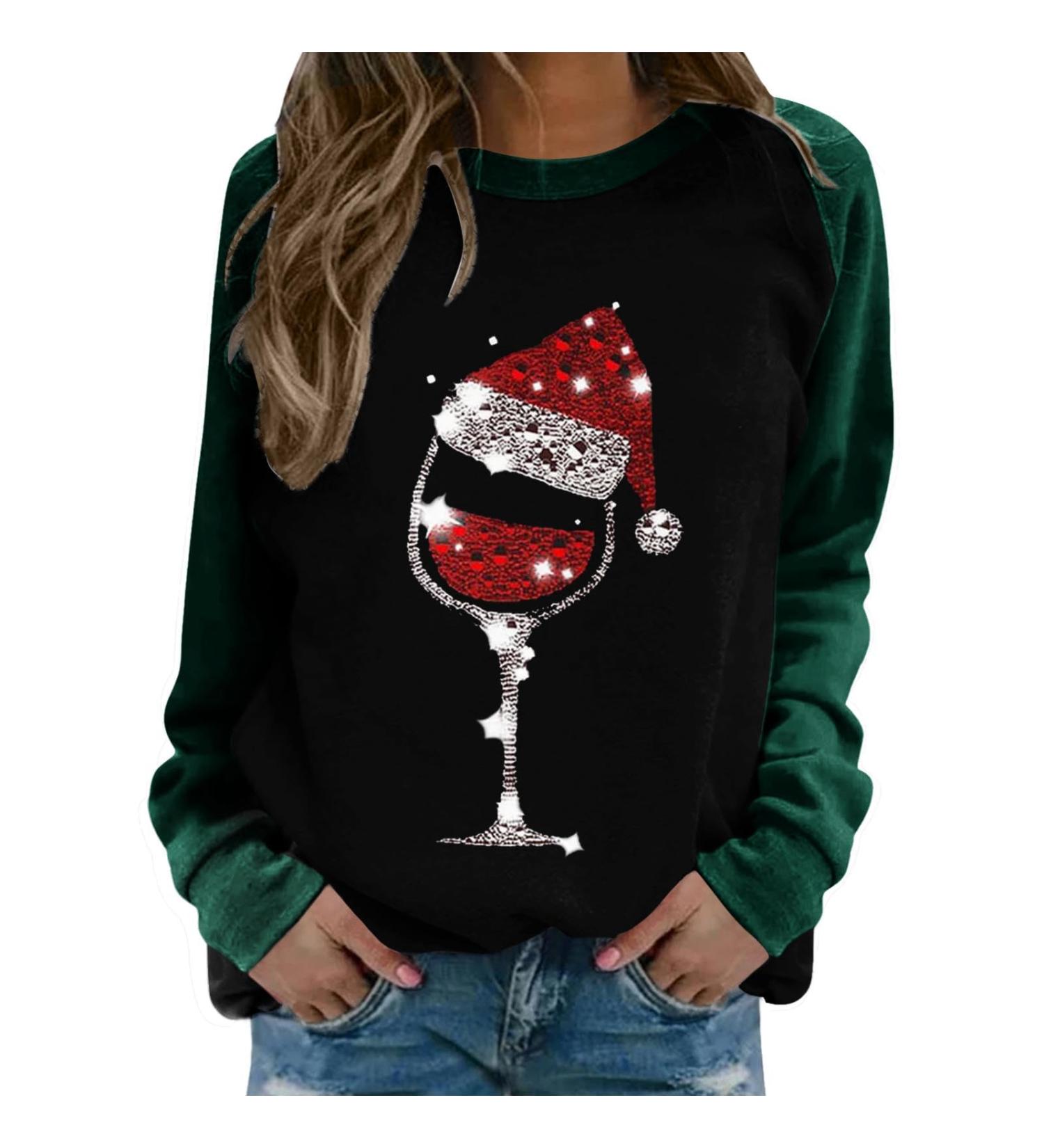 Women's Christmas Snowman & Penguin Print Sweatshirt - Green | Cozy O-Neck Raglan Pullover for Winter | Cute Xmas Jumper for Women - Buy Online on GoSupps.com