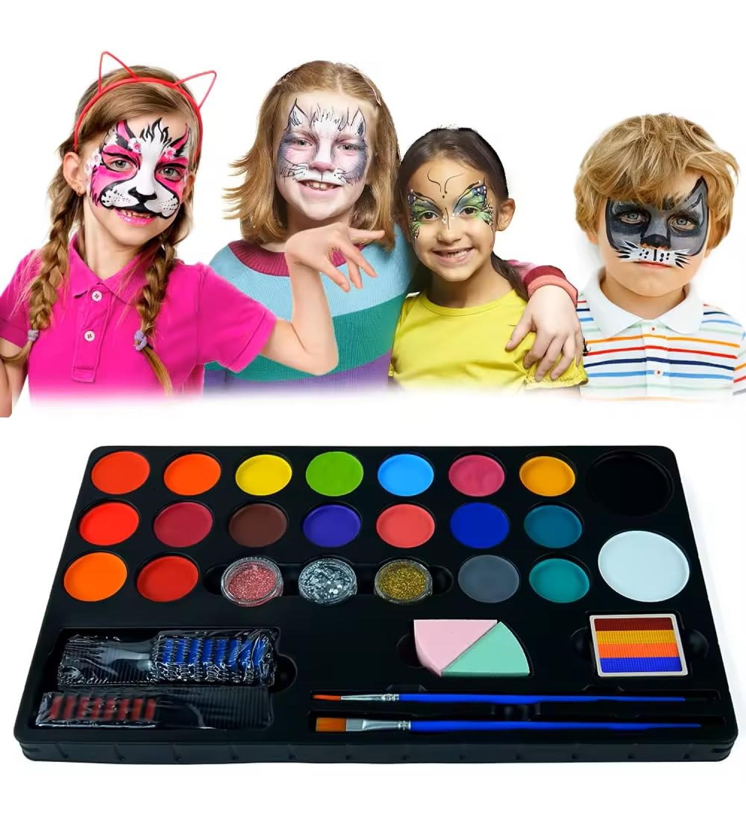 Buy Kids Face Painting Kit - 20 Non-Toxic Water-Based Paints Safe for Sensitive Skin 4 Stencils Hair Chalk Combs & Sponges - Fast International Shipping - Buy Online on GoSupps.com
