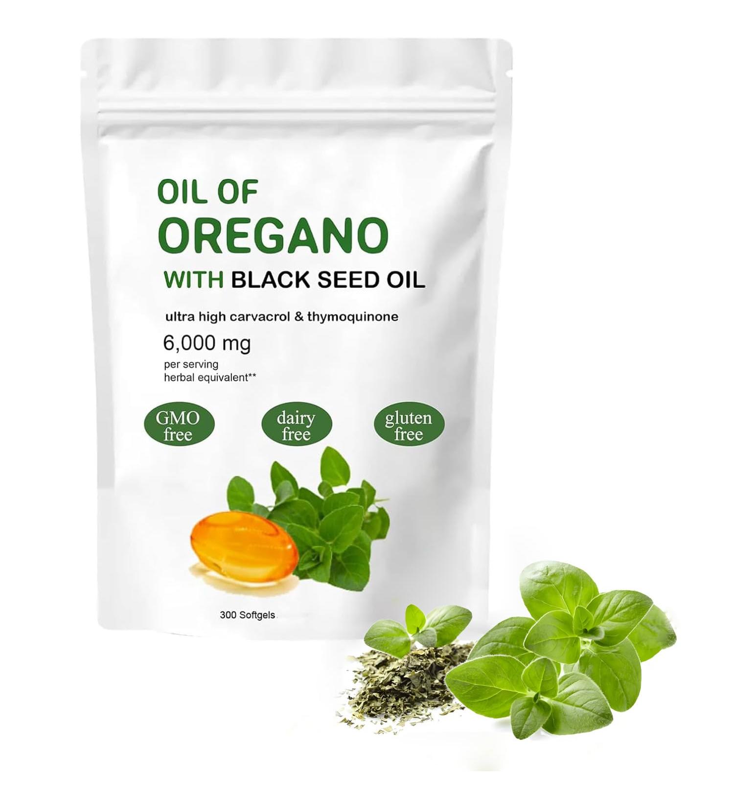 Oil of Oregano Softgels 2 in 1 6000mg Oil of Oregano with Black Seed Oil 200mg Oil of Oregano Capsules Oregano Oil Supplement Capsules 300 Softgels (1 Bag)