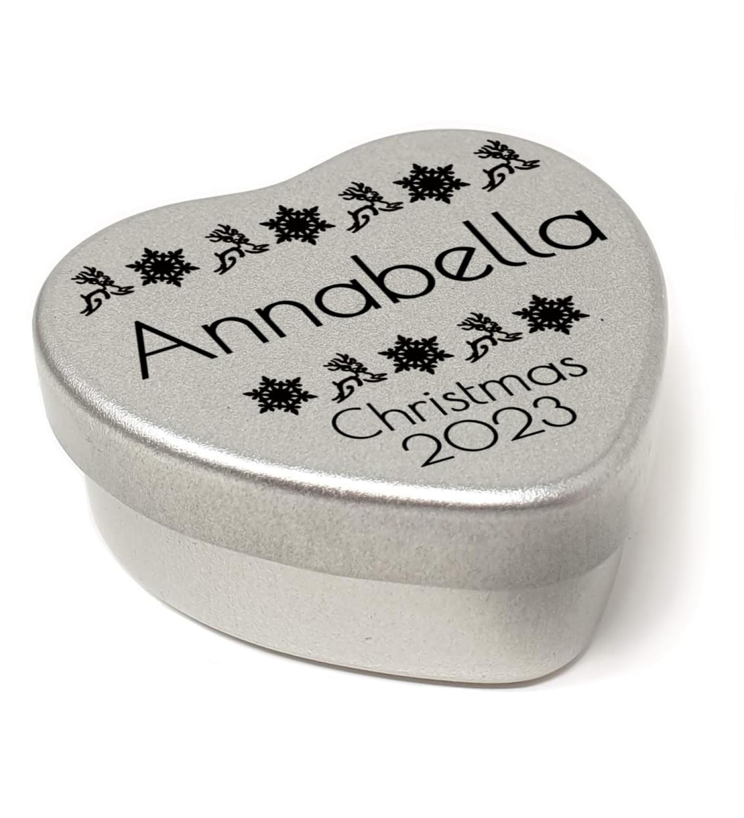 Luxury Personalised Christmas 2023 Place Settings for the table Small personalised heart shaped tin festive reindeer design Filled with White Heart Shaped Mints Ideal as after Christmas dinner mints - Buy Online on GoSupps.com