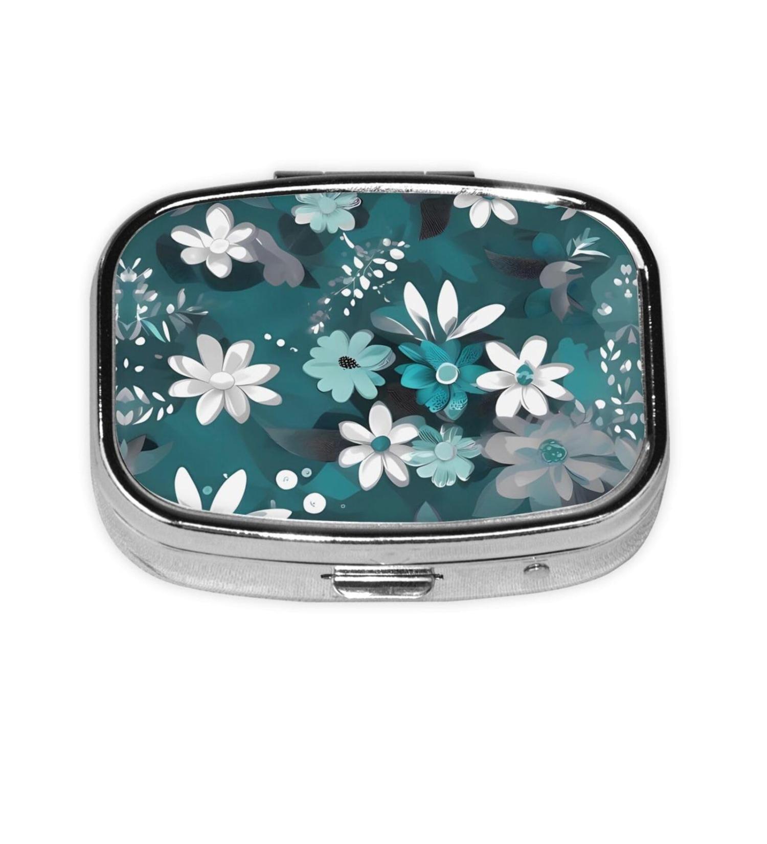 Teal Grey & White Floral Small Pill Case - 2 Compartment Travel Pill Box Organizer for Purse | Cute Gift Idea - Buy Online on GoSupps.com