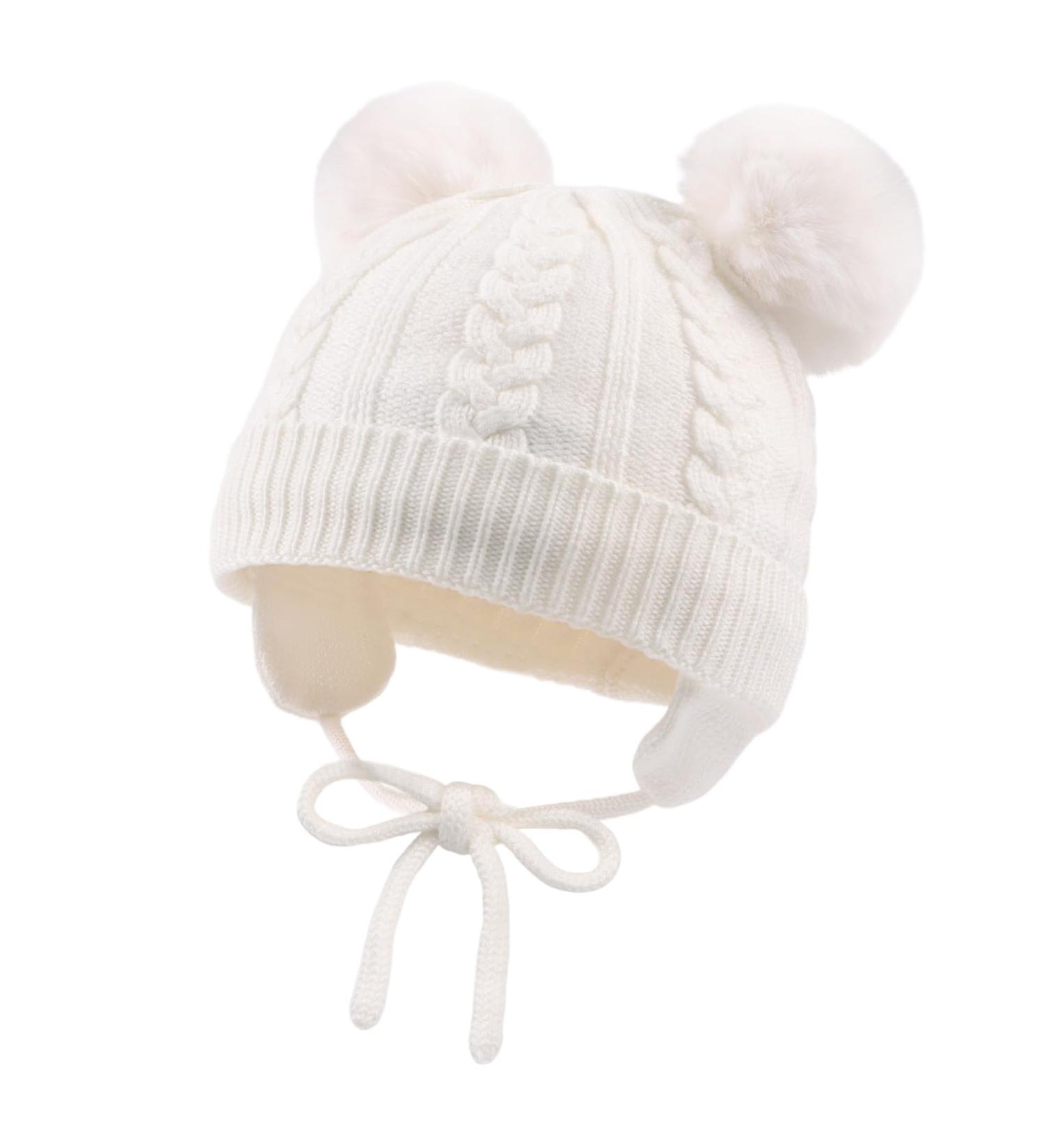 Flower Baby Girls Pompom Beanie 2-4 Years White | Soft Knitted Toddler Hat for Fall/Winter - Buy Online on GoSupps.com