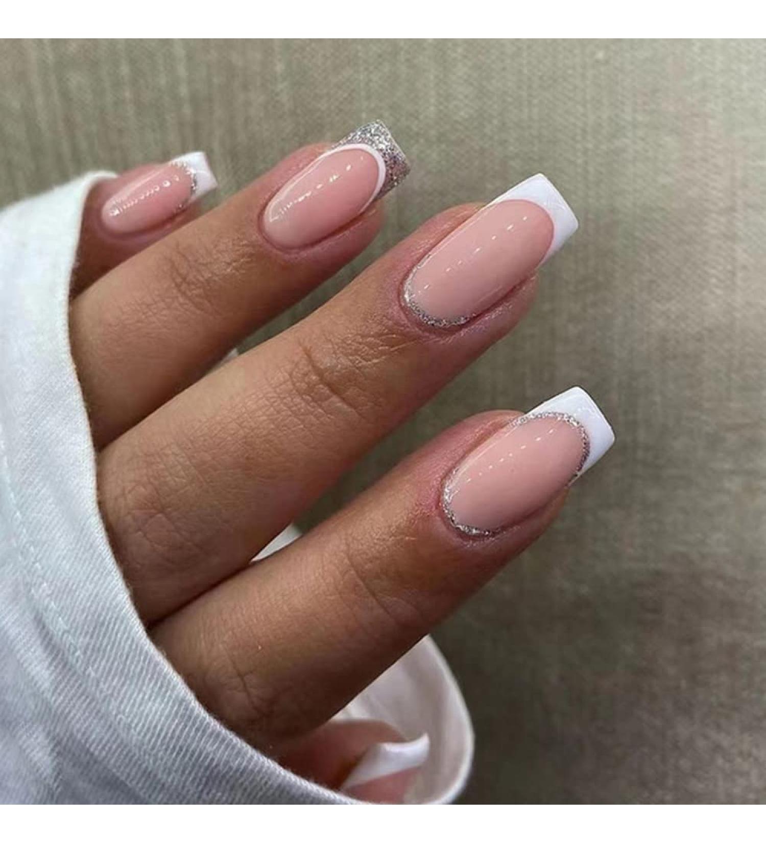HJKOGH 24pcs French False Nails with Designs Shiny Silver Press On Acrylic Nails Coffin Full Cover Natural Artificial Nails with Glue (Color : B) - Buy Online on GoSupps.com