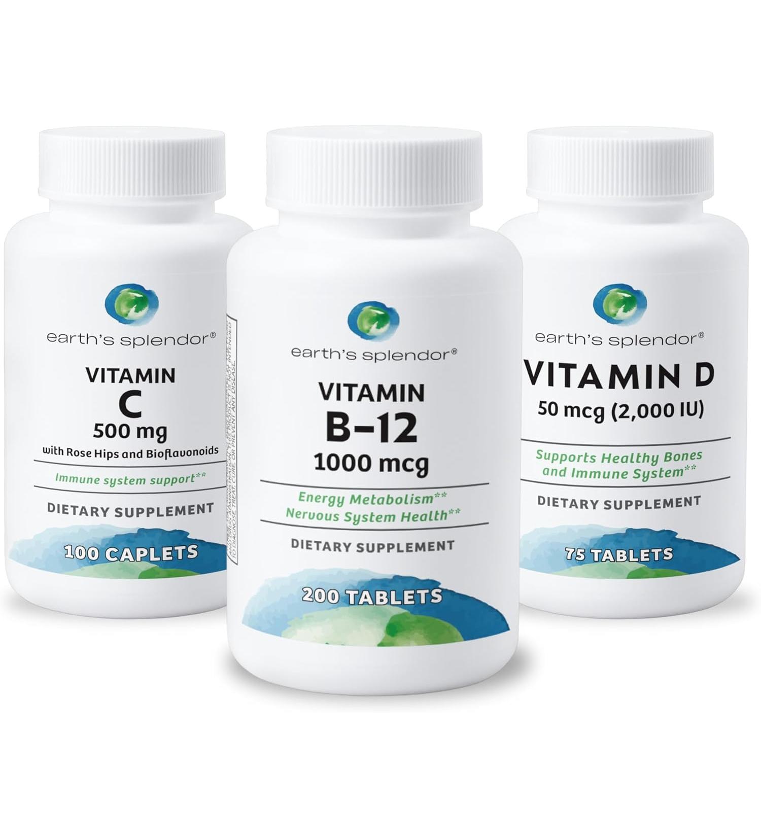 Earth's Splendor Energy & Immune Support: Vitamin B12 (1000mcg) Vitamin C with Rose Hips (500mg) and Vitamin D (2000 IU) - No Artificial Colors or Flavors Gluten Free for Men & Women - Buy Online on GoSupps.com