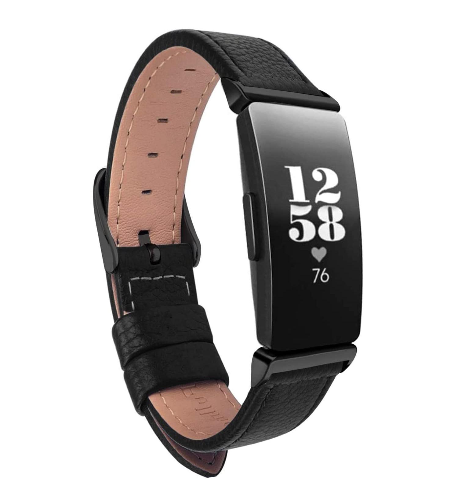 Leather Wrist Band Compatible with Inspire HR/Inspire/Inspire 2 - Black Strap for Men and Women - Buy Online on GoSupps.com