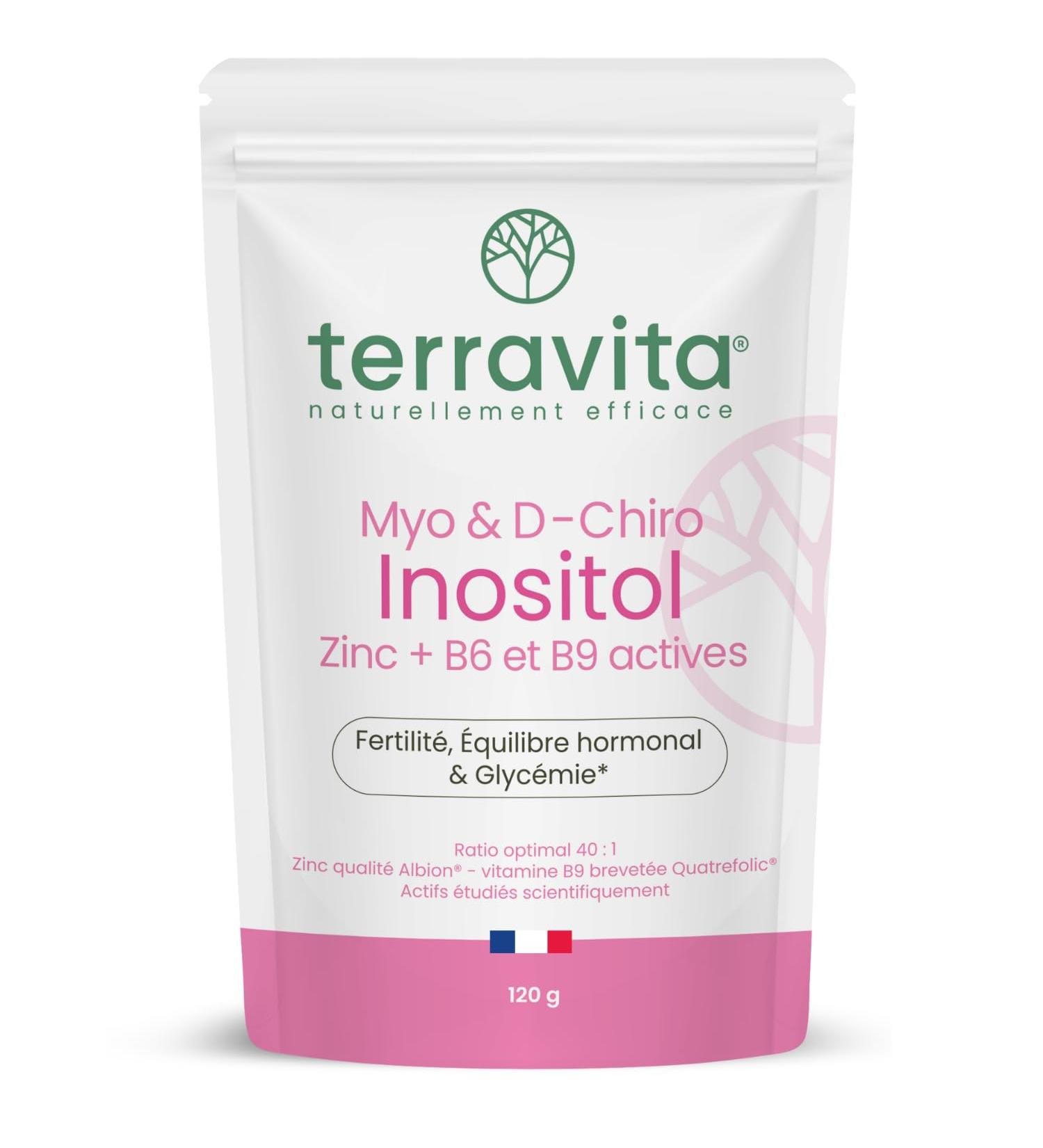 Myo-Inositol + D-Chiro-Inositol | Avec Zinc Bisglycinate B6 et Acide Folique B9 Quatrefolic | SOPK Soutien Hormonal et M tabolique | Ratio Optimal 40:1 | 120 Grammes Poudre Go t Neutre | Terravita - Buy Online on GoSupps.com