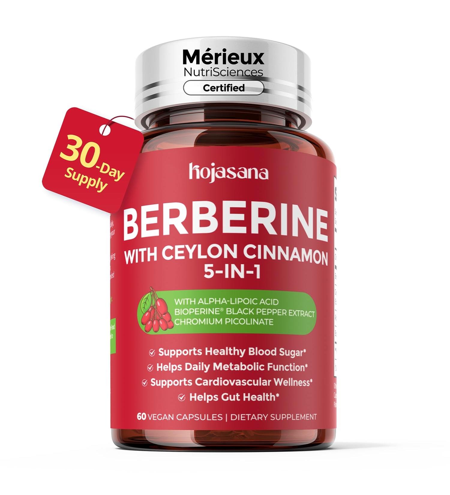 HojaSana 30-Day Supply Berberine with Ceylon Cinnamon for Blood Sugar Cholesterol & Metabolism* | Gluten-Free Non-GMO & Vegan 500mg Berberine Supplement | 60 Capsules - Buy Online on GoSupps.com