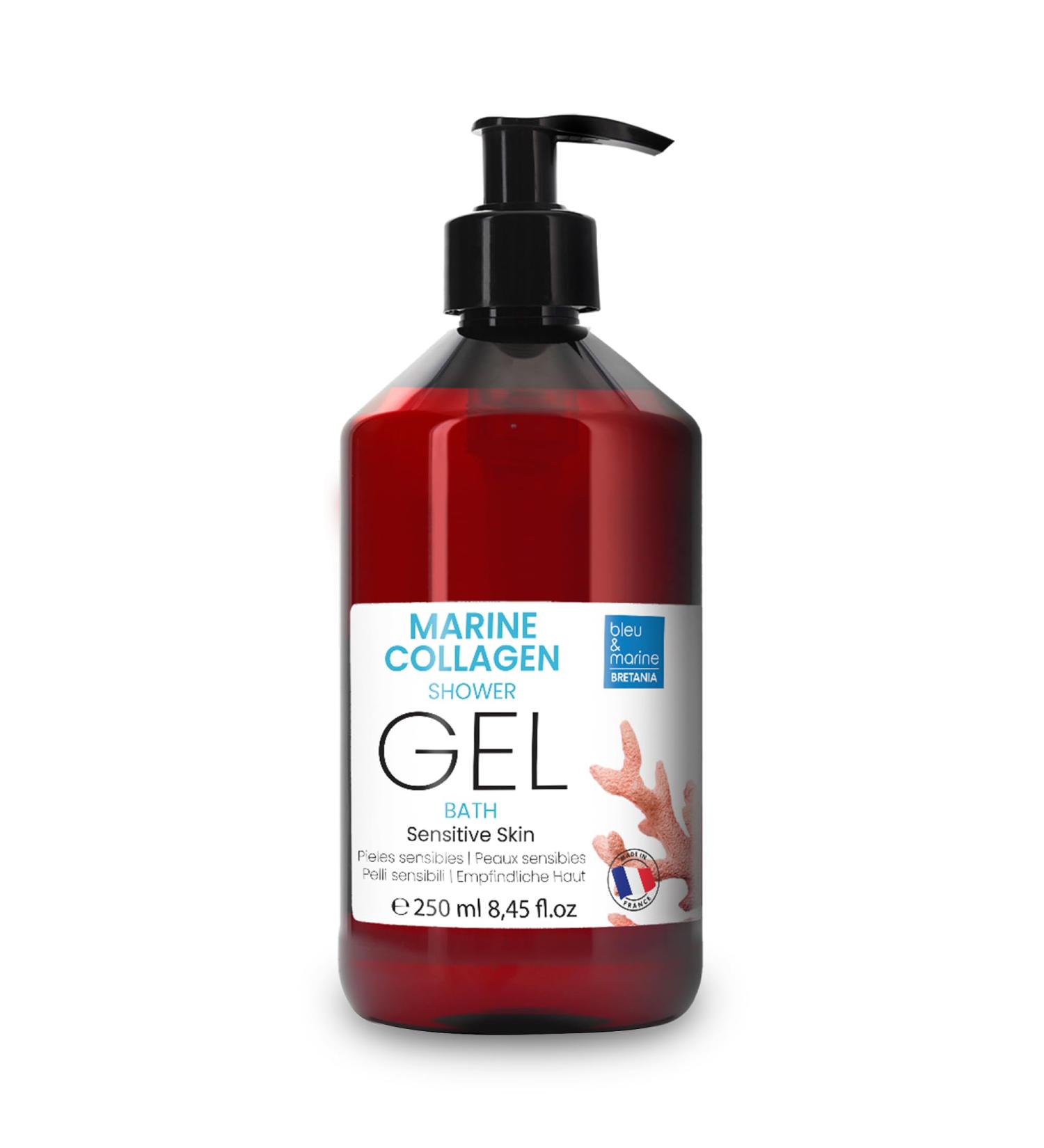  bleu & marine Bretania Triple Action Collagen Shower Gel: Cleanses face body and hair. Firming and anti-aging effect. Suitable for atopic sensitive and dry skin - 250 ml - Buy Online on GoSupps.com