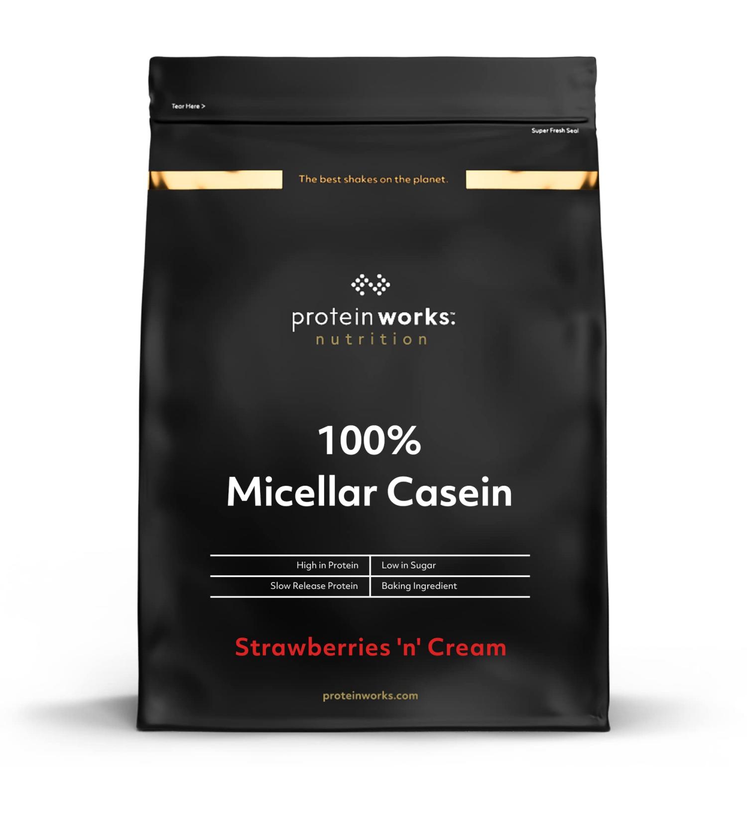 The Protein Works 100% Micellar Casein Protein Powder 2 Kg | Slow Release Strawberries 'n' Cream Shake with Amino Acids | High Protein Blend - Buy Online on GoSupps.com