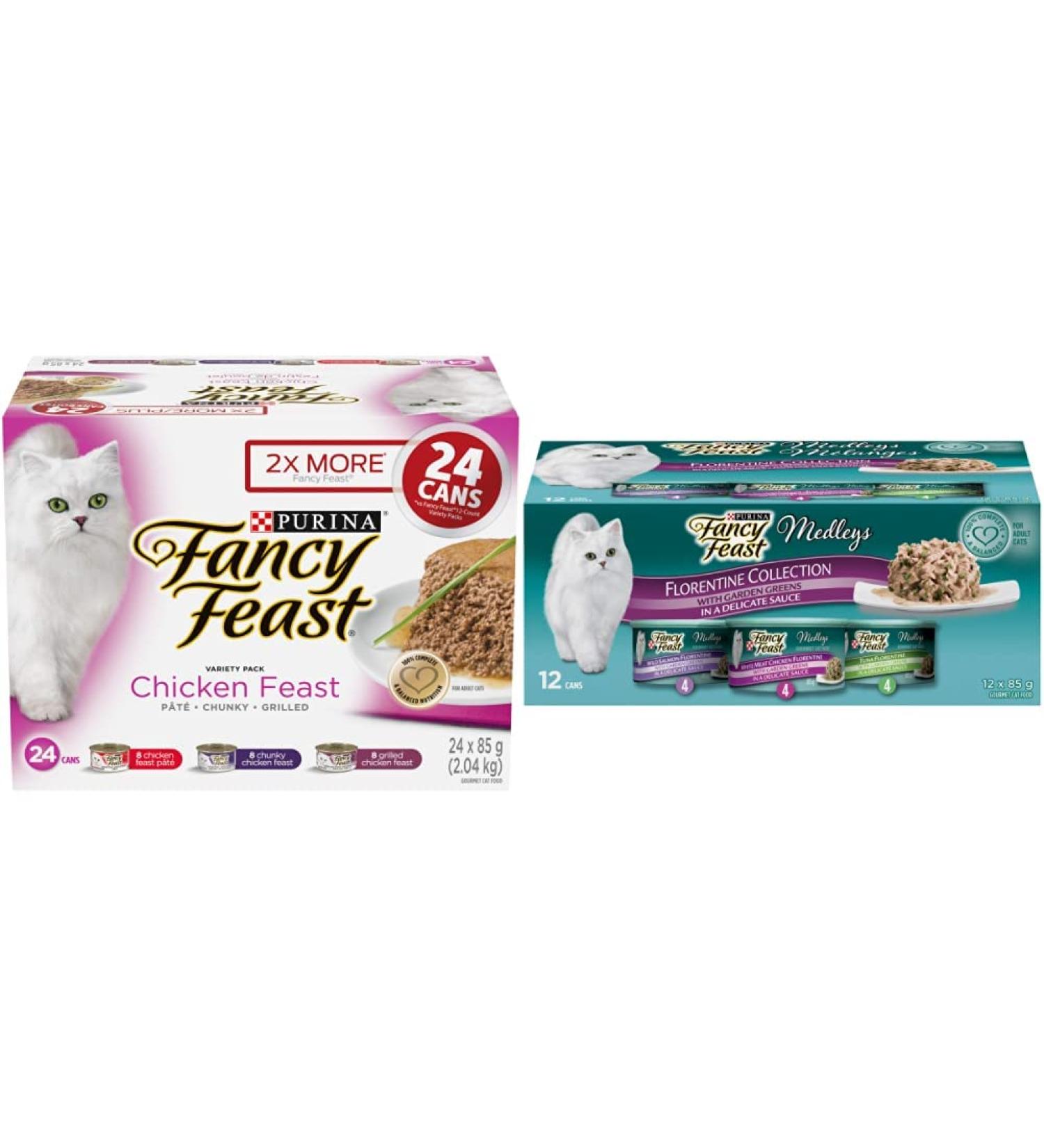 Fancy Feast Wet Cat Food Variety Pack - Chicken Feast (24 Pack) + Elegant Medleys Florentine (12 Pack) Cat Food + Florentine Variety Pack - Buy Online on GoSupps.com
